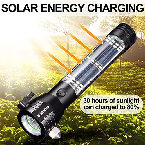 Spurtar Spurtar 7 Modes Solar Flashlights with Car Safety Hammer, Seatbelt Cutter, Compass & Magnet, 2000 mAh Multi Function Tactical Flashlight, Emergency Flashlight for Car, LED Flashlight, Black