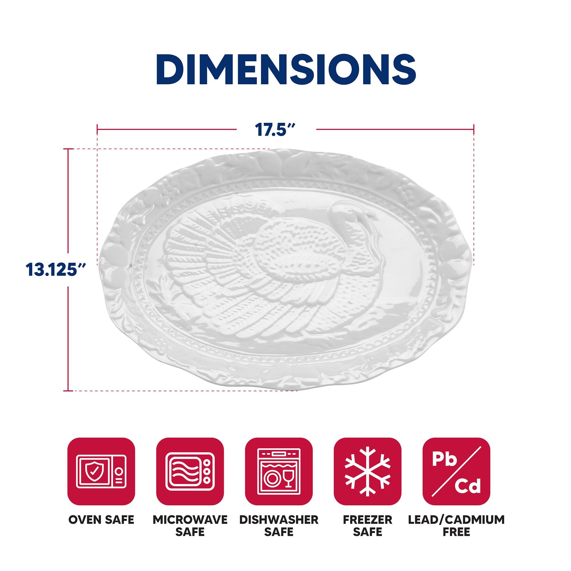 HIC Kitchen HIC Kitchen Turkey Embossed Serving Platter, Fine White Porcelain, Oversized