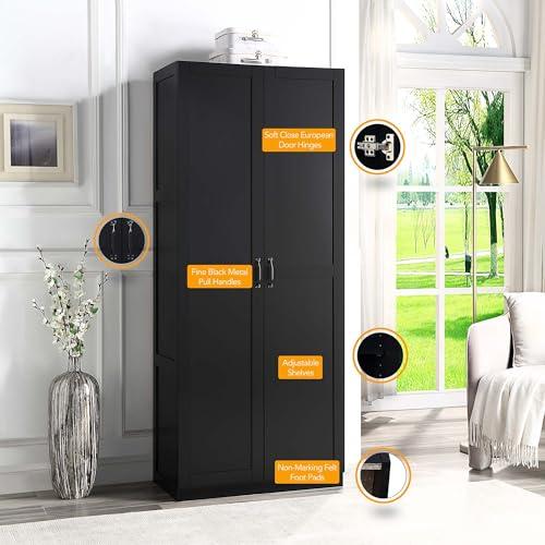 Manhtattan Comfort Manhattan Comfort Hopkins Modern Freestanding Storage Closet with 7 Adjustable Shelves & Soft Close Doors, Multipurpose Wardrobe Cabinet for Bedroom,Bathroom, Garage, Kitchen, Pantry, 72" High, Black