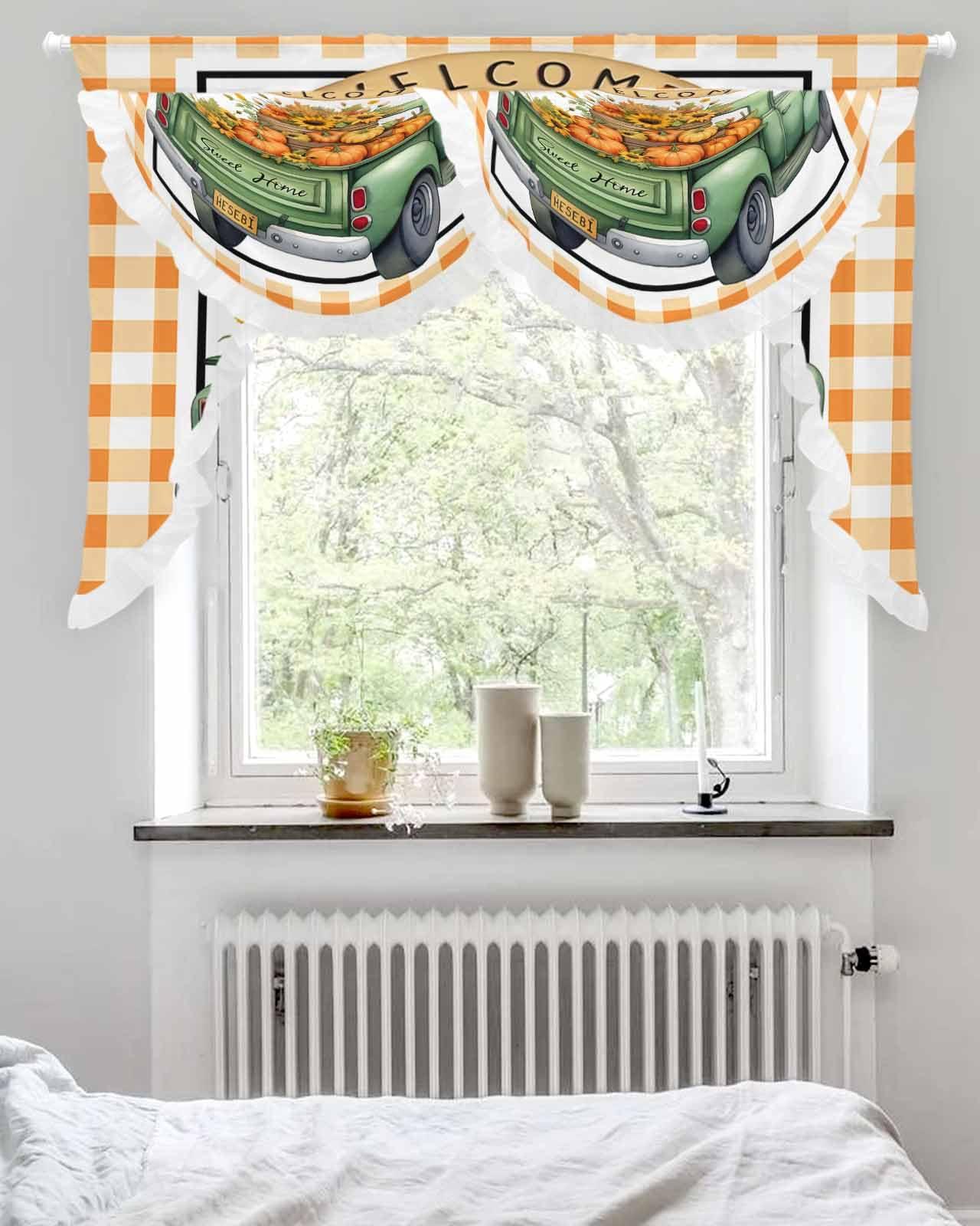 Edwiinsa Fall Green Truck Pumpkin Swag Waterfall Valance for Living Room/Bedroom, Window Curtain Valance Swag with Ruffles Thanksgiving Buffalo Plaid Orange Rod Pocket Tailored Swag Topper Curtains 59\'\'x41.3\'\'