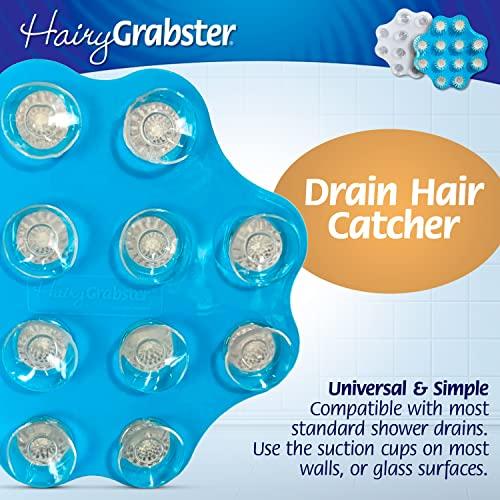 HairyGrabster As Seen on Shark Tank Hair Shower Drain Hair Catcher, Hair Stopper Bathtub Drain Protector, & Catcher Drain Cover Alternative, Must-Haves HairyGrabster, 2 Pack, White & Blue
