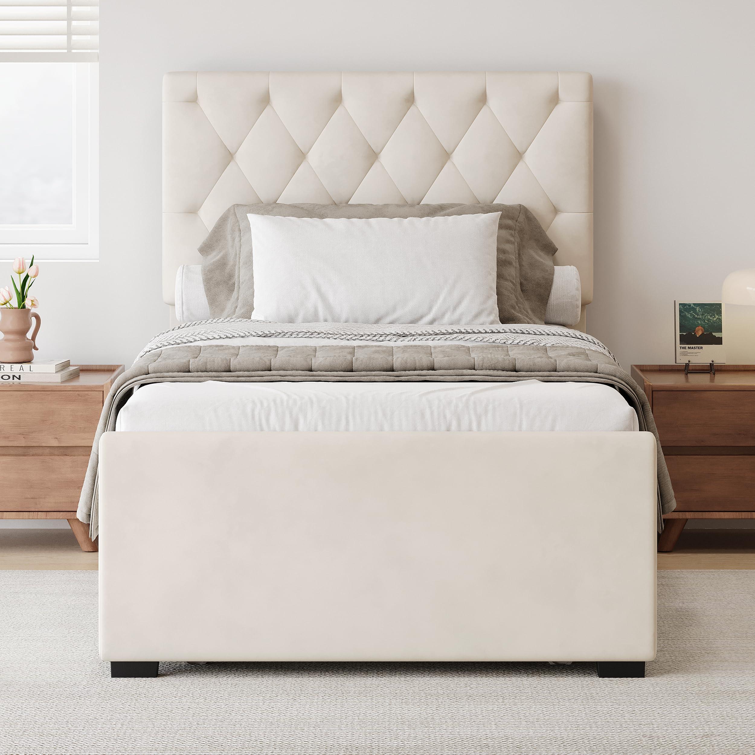 Merax Merax Twin Size Velvet Fabric Upholstered Platform Bed with Trundle Bed and Adjustable Button Tufted Headboard, No Box Spring Needed, Beige