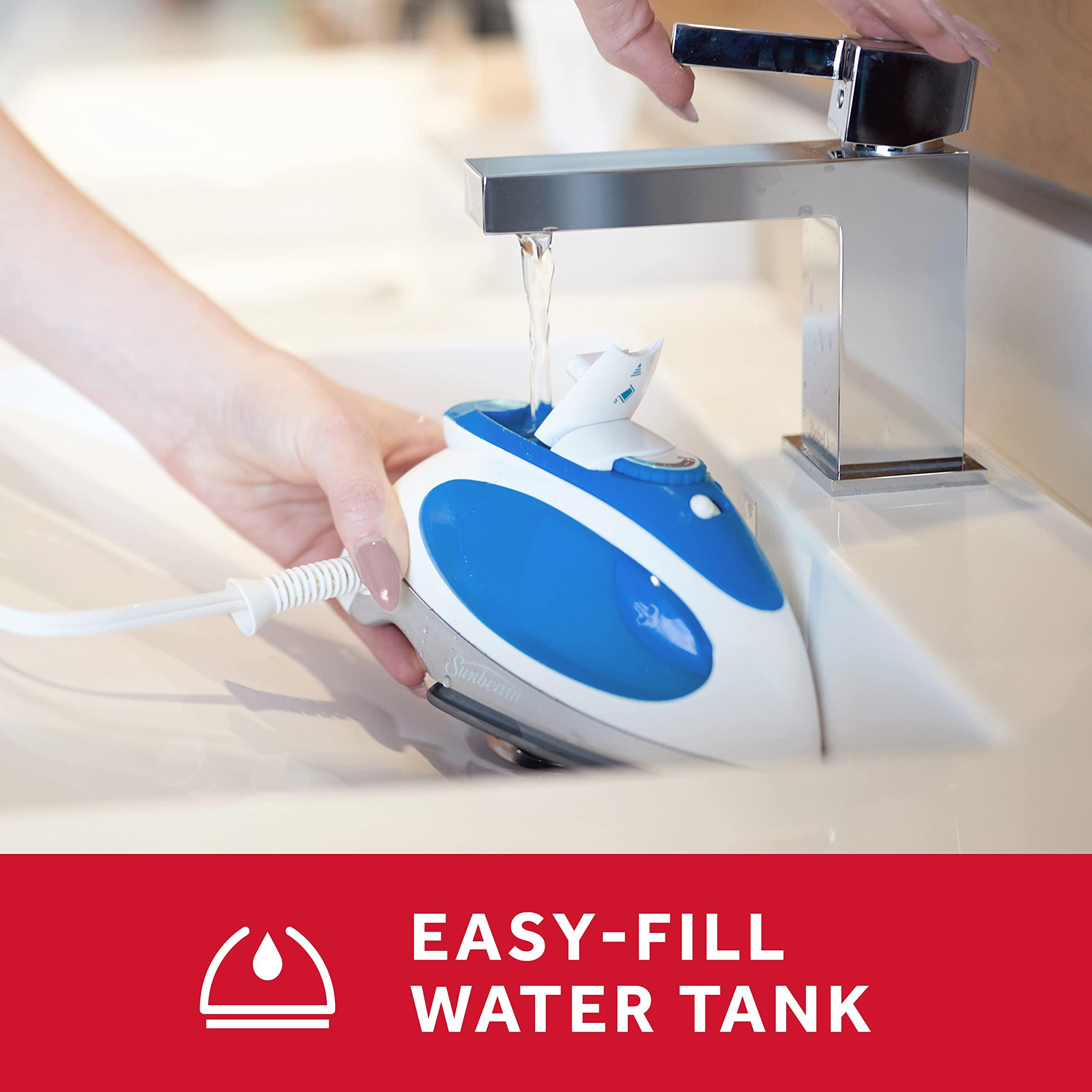 Sunbeam Sunbeam Hot-2-Trot Travel Steam Iron, 800 Watt Dual Voltage 120/240, Compact Size, Portable, Non-Stick Soleplate, Soft Touch Handle, Horizontal or Vertical Use, White and Blue