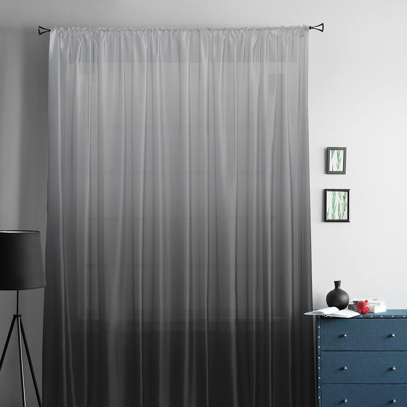 Sunteeny Ombre Sheer Curtains 45 inches Long for Bedroom Living Room Panel Gray Black Gradient Pattern Rod Pocket Voile Curtain Light Filter Window Treatments Net Drapes for Kitchen/Sliding Door 52x45in