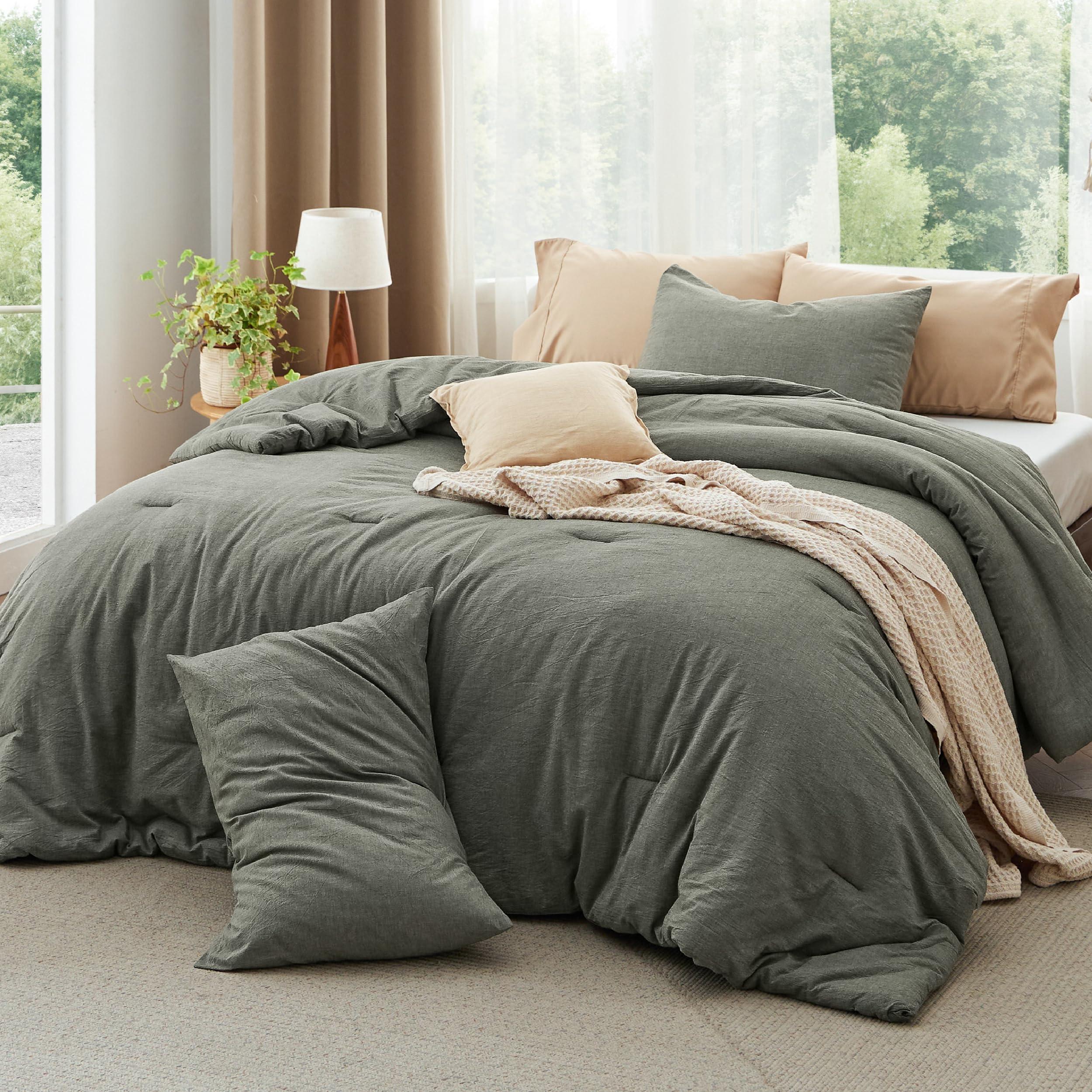 Bedsure Bedsure Comforter Set King Size - Cotton Fabric with Microfiber Inner Fill, Grayish Olive Green Soft Bed Set for All Seasons, 3 Pieces, 1 Comforter (104\" x 90\") and 2 Pillow Cases (20\" x 36\")