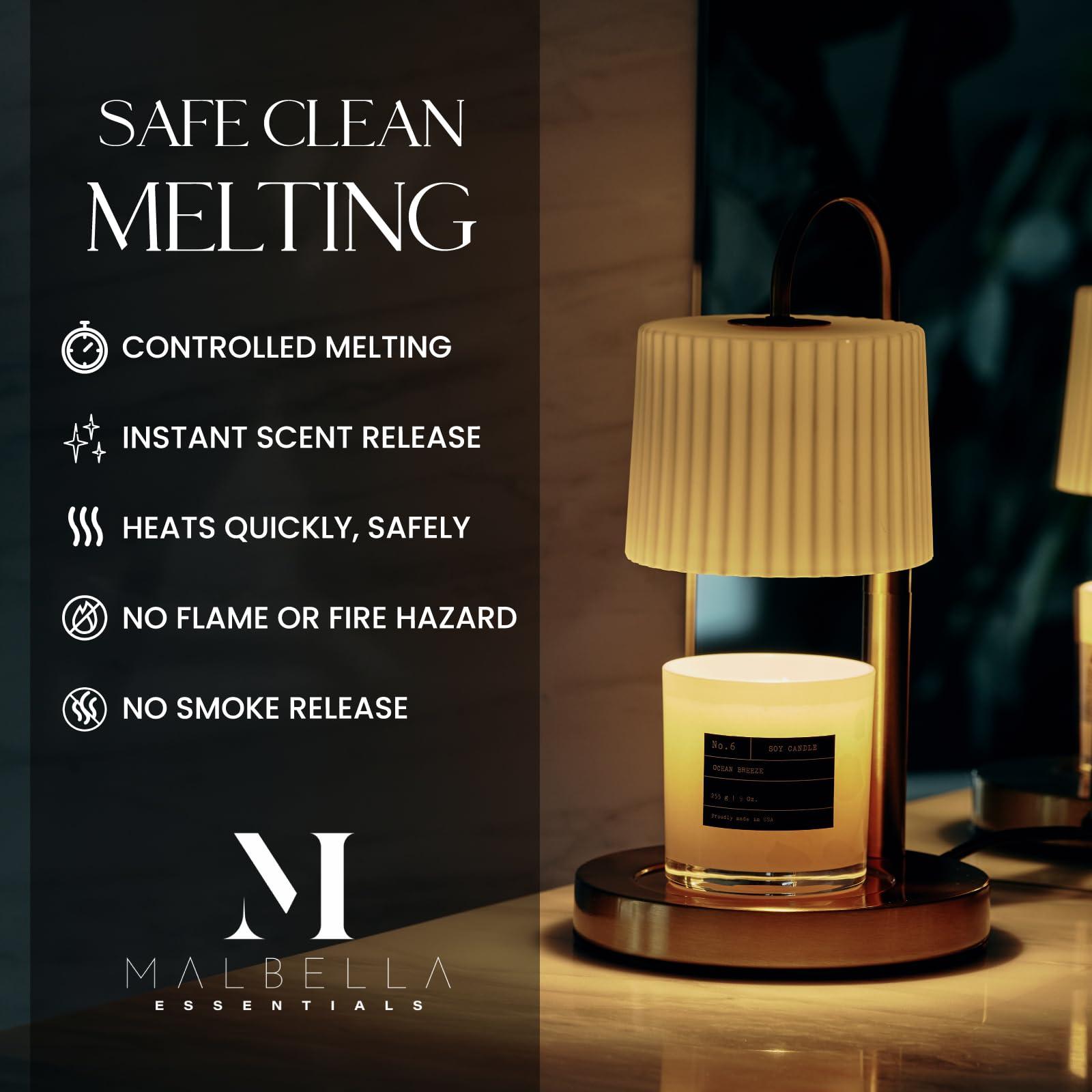 Malbella Essentials Dimmable Glass Candle Warmer Lamp with Timer - Adjustable Height Candle Lamp Warmer with Timer (8H/4H/2H) - Wax Melter - Ideal Gift, fits Various Size Scented Candles - 02 Bulb - (Gold Metal)