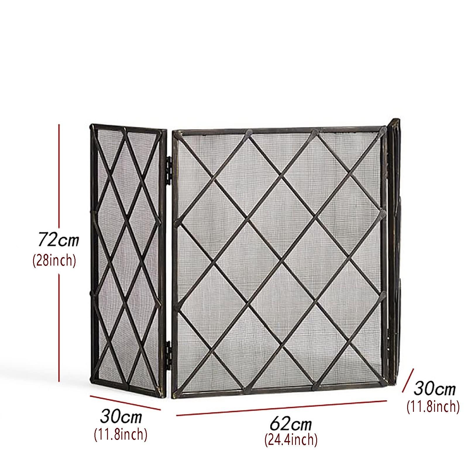 XLAQ Large Fireplace Screen Black, 3 Panel Heavy Duty Free-Standing Fireplace Screen 28in Tall - Folding Fire Place Fence Solid Wrought Iron Frame with Mesh Spark Guard Cover