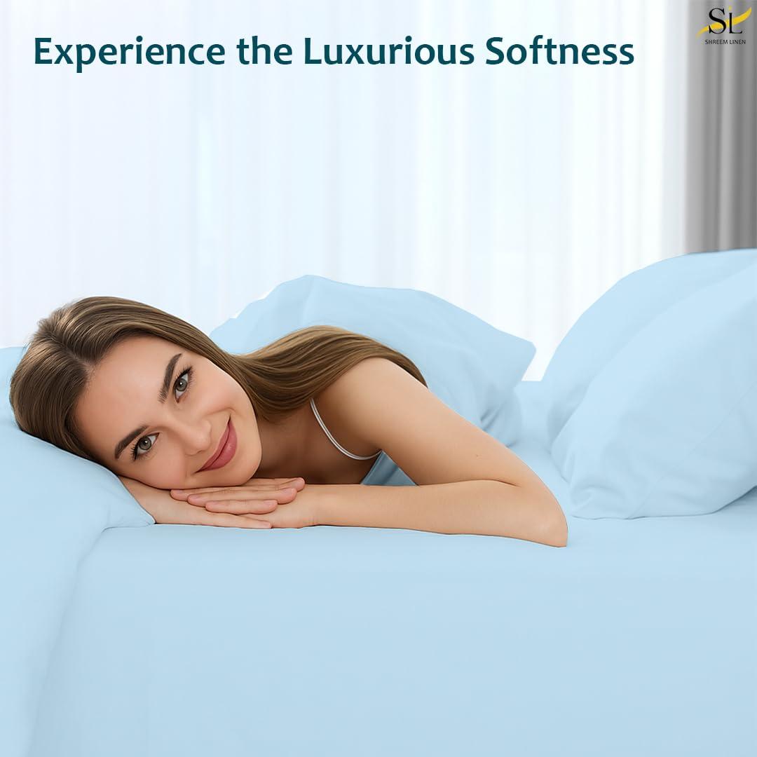 Shreem Linen Short Queen Sheets, RV Sheets Set for Campers, Deep Pockets Fitted RV Bunk Sheets, 4-Piece 1800 Microfiber Bed Sheet Set, Cool & Breathable, RV Queen Sheets (Light Blue, Short Queen)