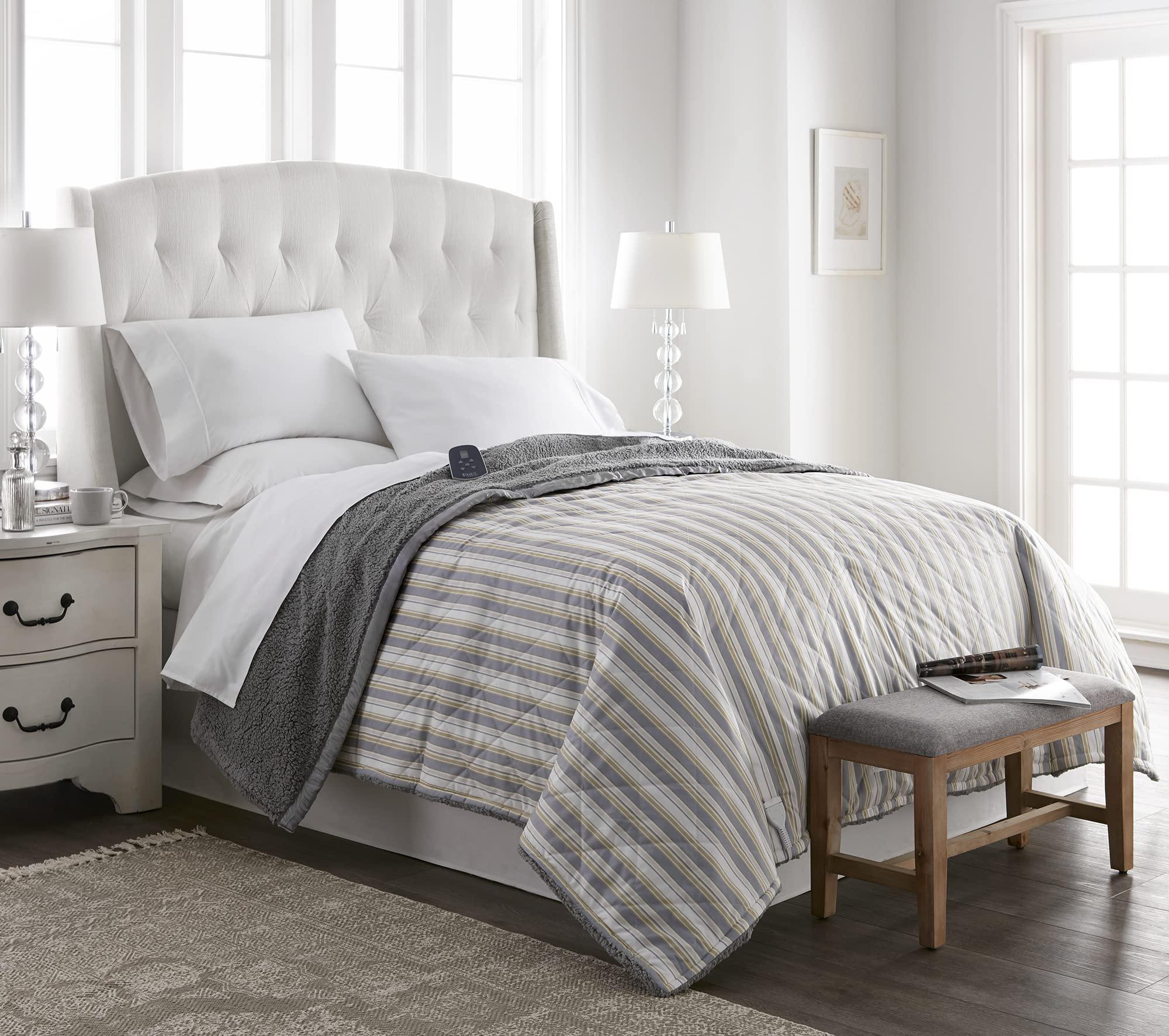 Thermee Thermee Micro Flannel Heated Blanket with Sherpa back, 10-Setting Electric Blanket Twin Size, Programmable Heating Blanket, Ultra-Soft Heated Throw Blanket, Fast Heating Thermal Blanket - City Stripe