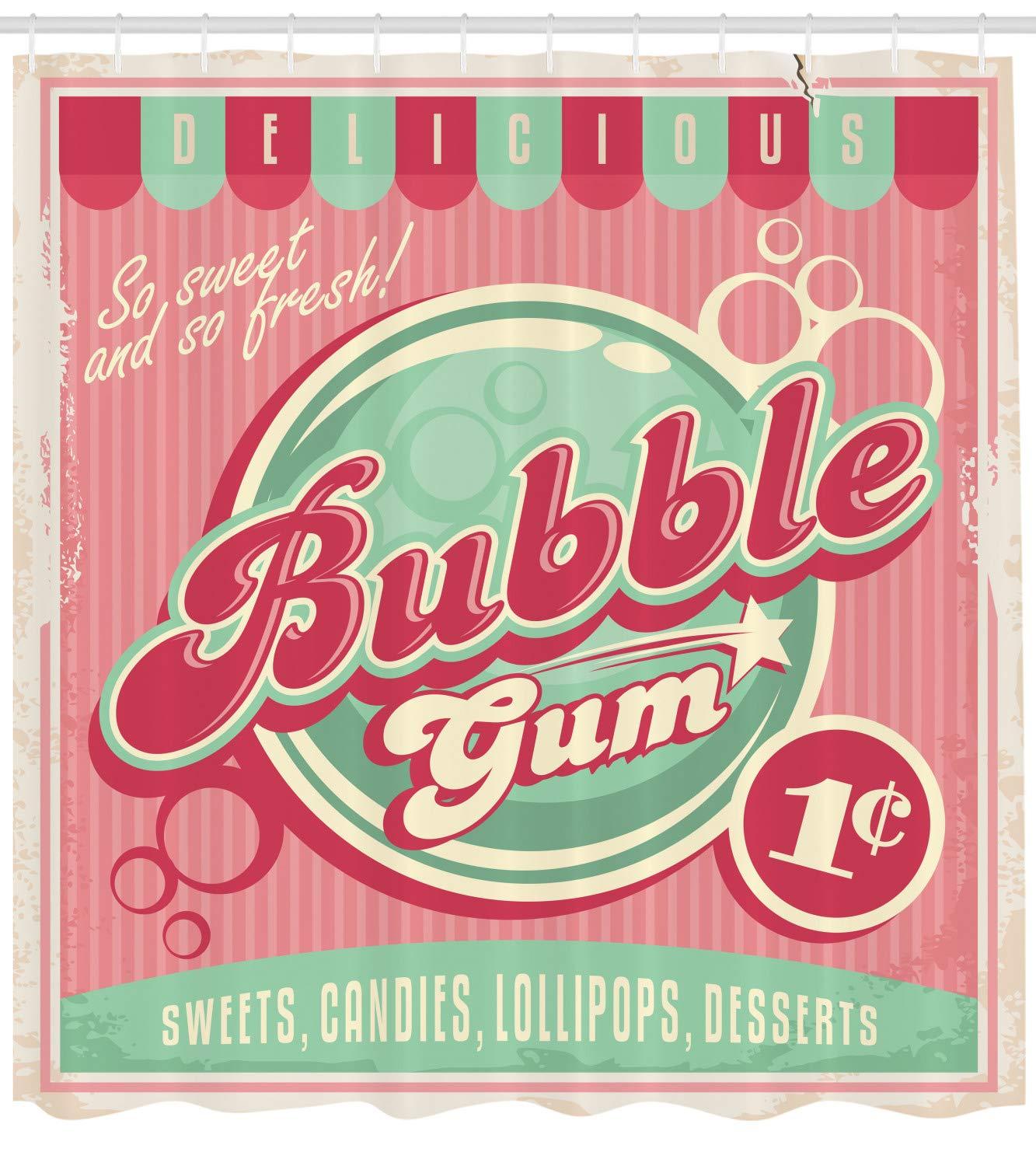 Ambesonne Ambesonne 1950s Shower Curtain, Bubble Gum Tasty Candy Lollipop Sugar Advertise Poster Style, Cloth Fabric Bathroom Decor Set with Hooks, 69\" W x 84\" L, Pink Magenta