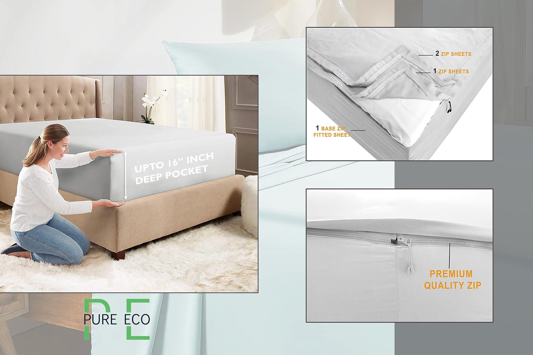PURE ECO Zipper Fitted Sheet - includes 1 Fitted Sheet Base & 2 Zip-On Sheets - UPTO 16 in. Deep Pockets Queen Size Zipper Fitted Sheet - Easy to Change, Sateen Cotton 600 TC Fitted Sheet - Purple