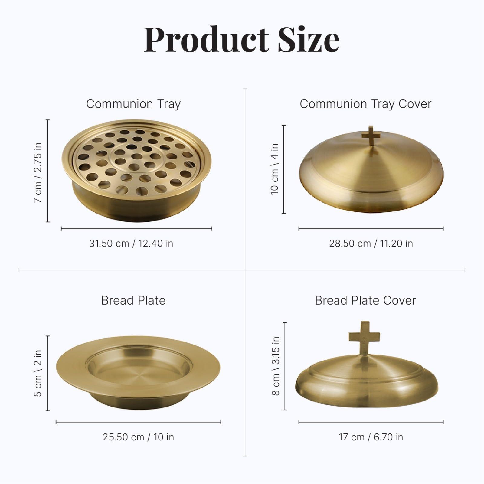Mayur Exports Communion Ware Holy Wine Serving Tray with A Lid & A Stacking Bread Plate with A Lid - Stainless Steel (Brass/Gold)
