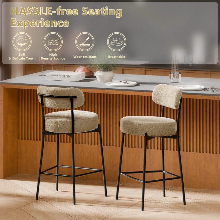 DYHOME DYHOME Bar Stools Set of 3, 24 Inches Modern Counter Height Bar Stools with Curved Back Metal Legs, Beige Upholstered Boucle Barstools for Kitchen Island, Cafe