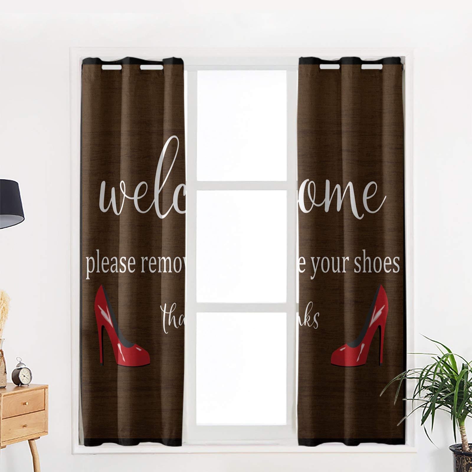 Tersuger Blackout Curtains for Living Room Bedroom, Welcome Please Remove Youe Shoes Window Curtain Panels Grommet Drapes Thermal Insulated Room Darkening Curtains 2 Panels, 42x84 inch