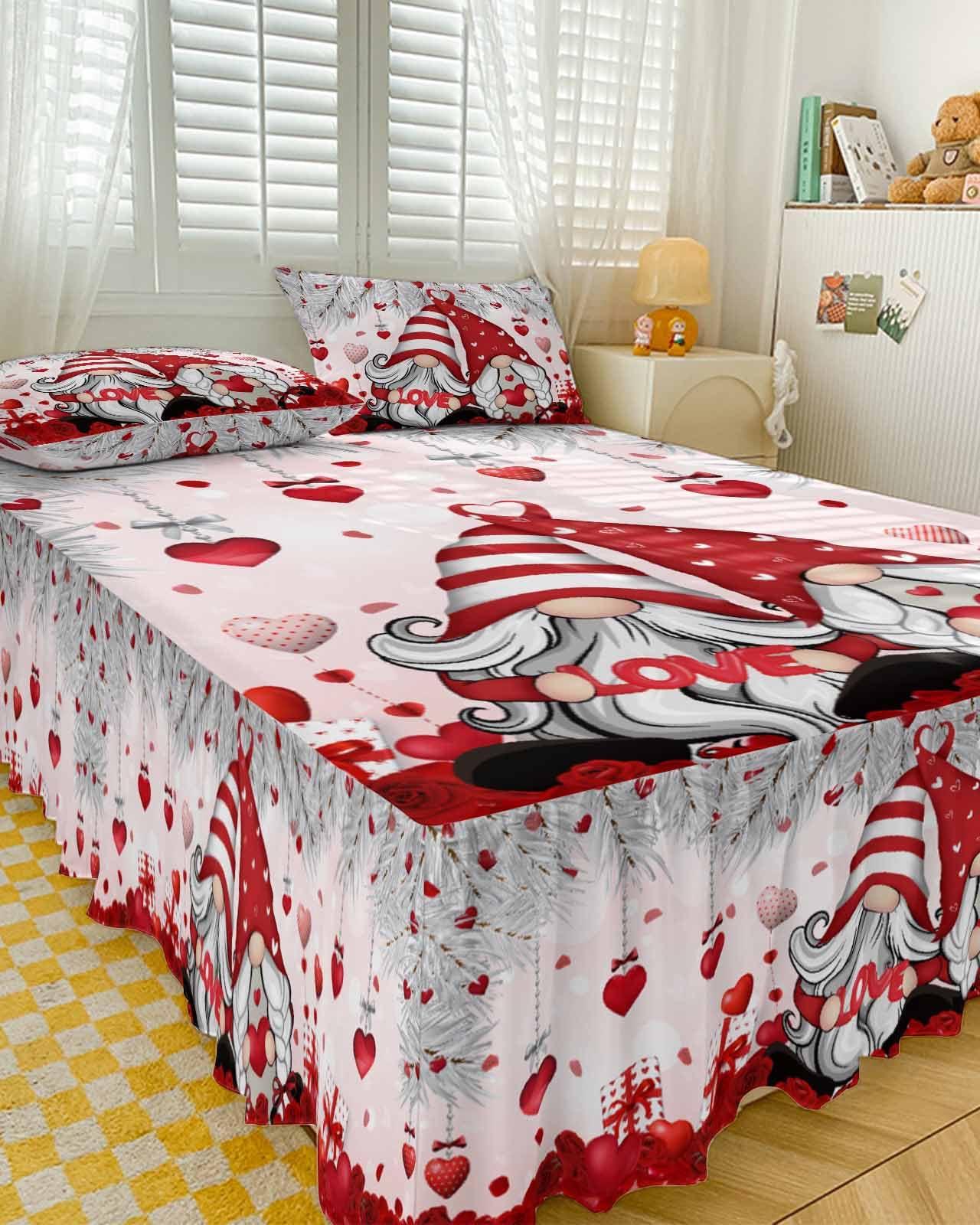 Jolunifun Valentine\'s Silver Gnomes Bed Skirt for Queen Size Bed,Wrap Around Bedding Skirt Gathered Dust Ruffle Bedskirt Sets with 2 Packs Matching Pillow Covers 30\"x20\",18 Inch Drop,Romantic Roses Hearts Red