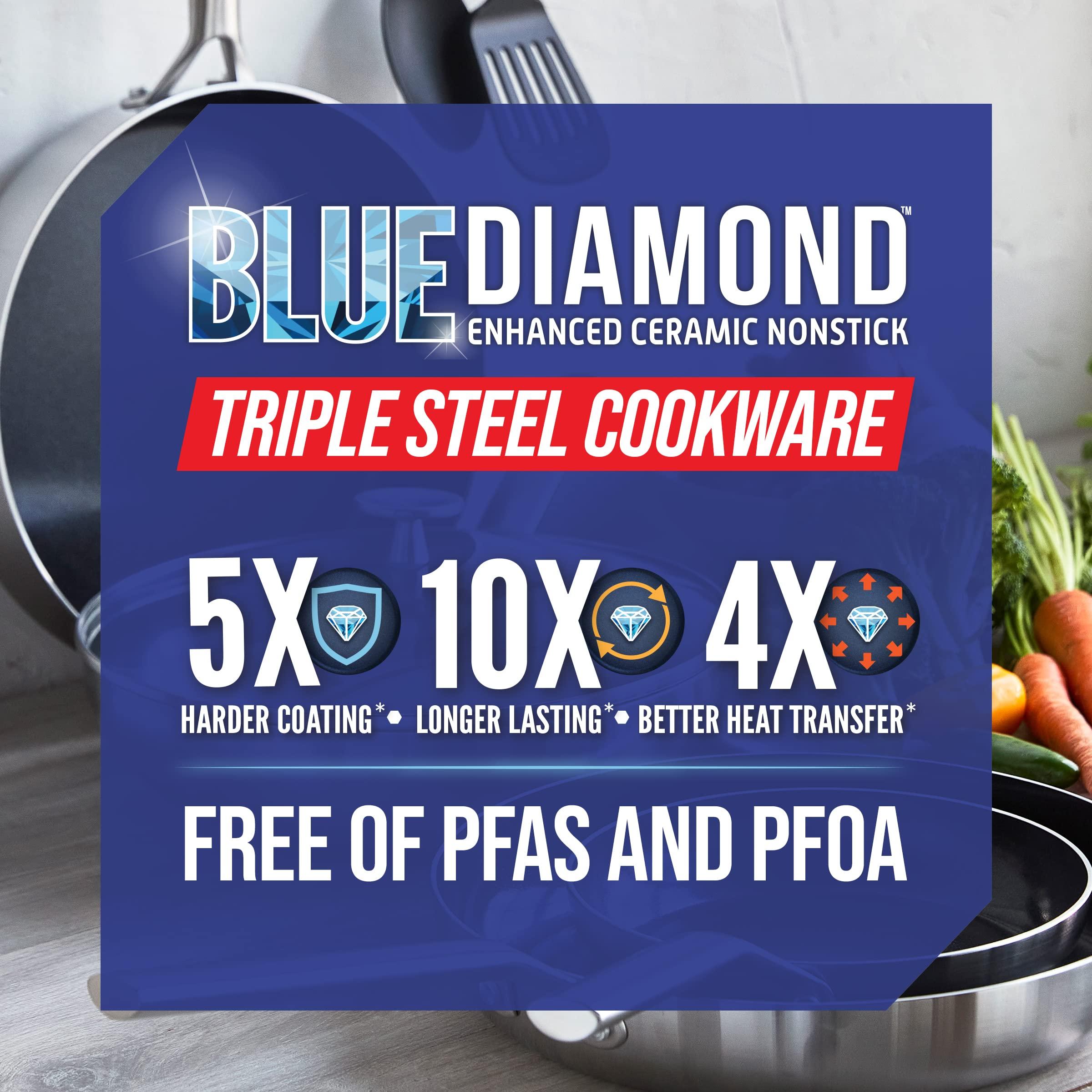 Blue Diamond Blue Diamond Cookware Tri-Ply Stainless Steel Ceramic Nonstick, 7 Piece Cookware Pots and Pans Set, PFAS-Free, Multi Clad, Induction, Dishwasher Safe, Oven Safe, Silver