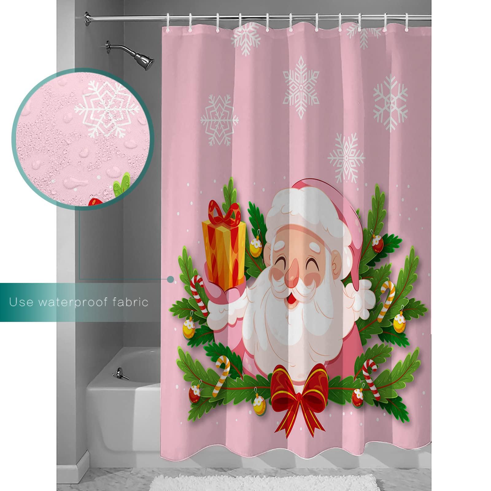 TocaHome TocaHome Waterproof Shower Curtain Set for Bathroom with Hooks, Christmas Santa Claus Pine Needles Snowflakes Pink Polyester Fabric Shower Curtains Sets Machine Washable Bath Curtain 72\"x96\"