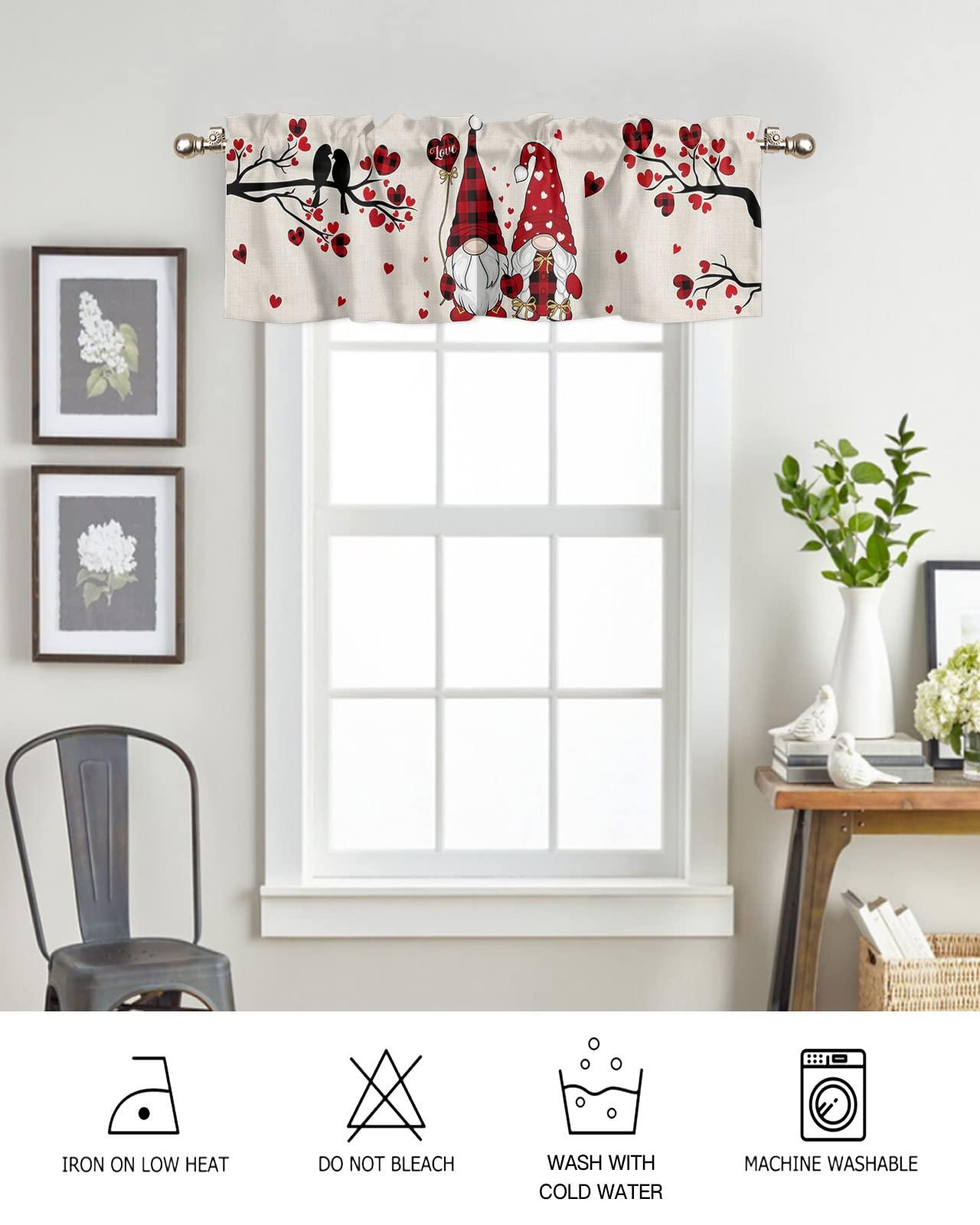 Kewadony Kewadony Kitchen Curtains Valances, Valentine\'s Day Rod Pocket Valances for Windows, Red Black Plaid Gnomes Love Tree Burlap Short Window Valances for Living Room/Bedroom, 54 x 18 Inch