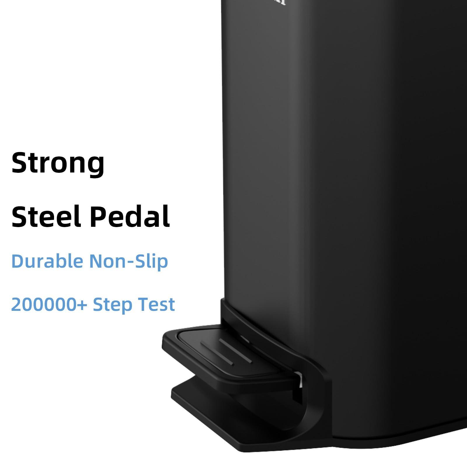 KSSKSS KSSKSS Small Bathroom Trash Can with Soft Close Lid, 6L / 1.6 Gallon Stainless Steel Garbage Can with Removable Inner Bucket, Step Pedal, Slim Wastebasket for Bedroom, Home Office (Matt Black)