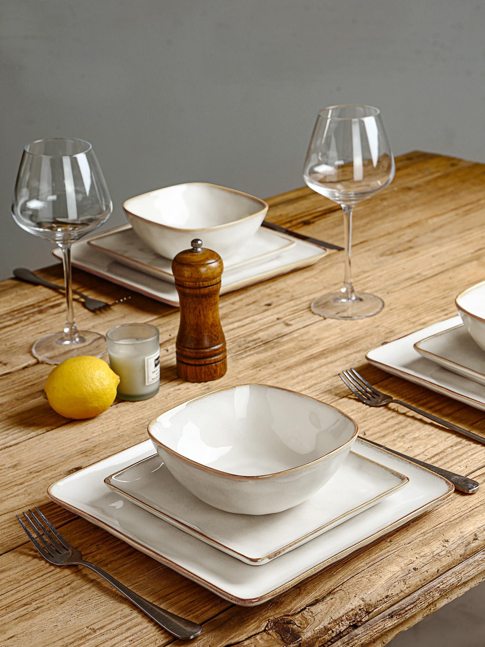 famiware Famiware Ocean Square Plates and Bowls Set, 18 Pieces Dinnerware Sets, Dishes Set for 6, Microwave and Dishwasher Safe, Scratch Resistant, Cappuccino White