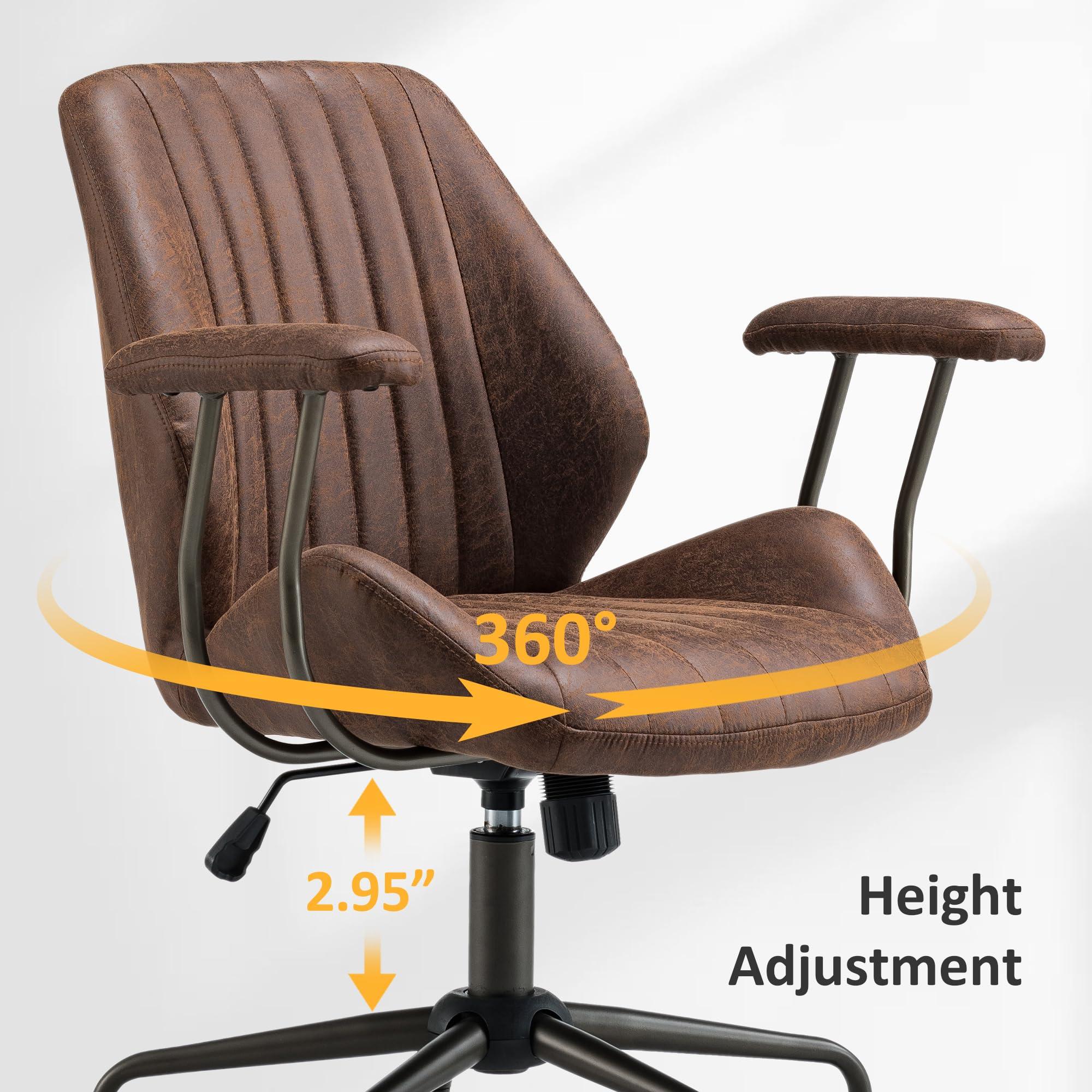 ovios ovios Home Office Chair with Rolling Swivel Wheels, Mid Back Faux Suede Leather Chair with Armrests, Mid-Century Modern Desk Computer Chair for Executive Office, Dark Brown