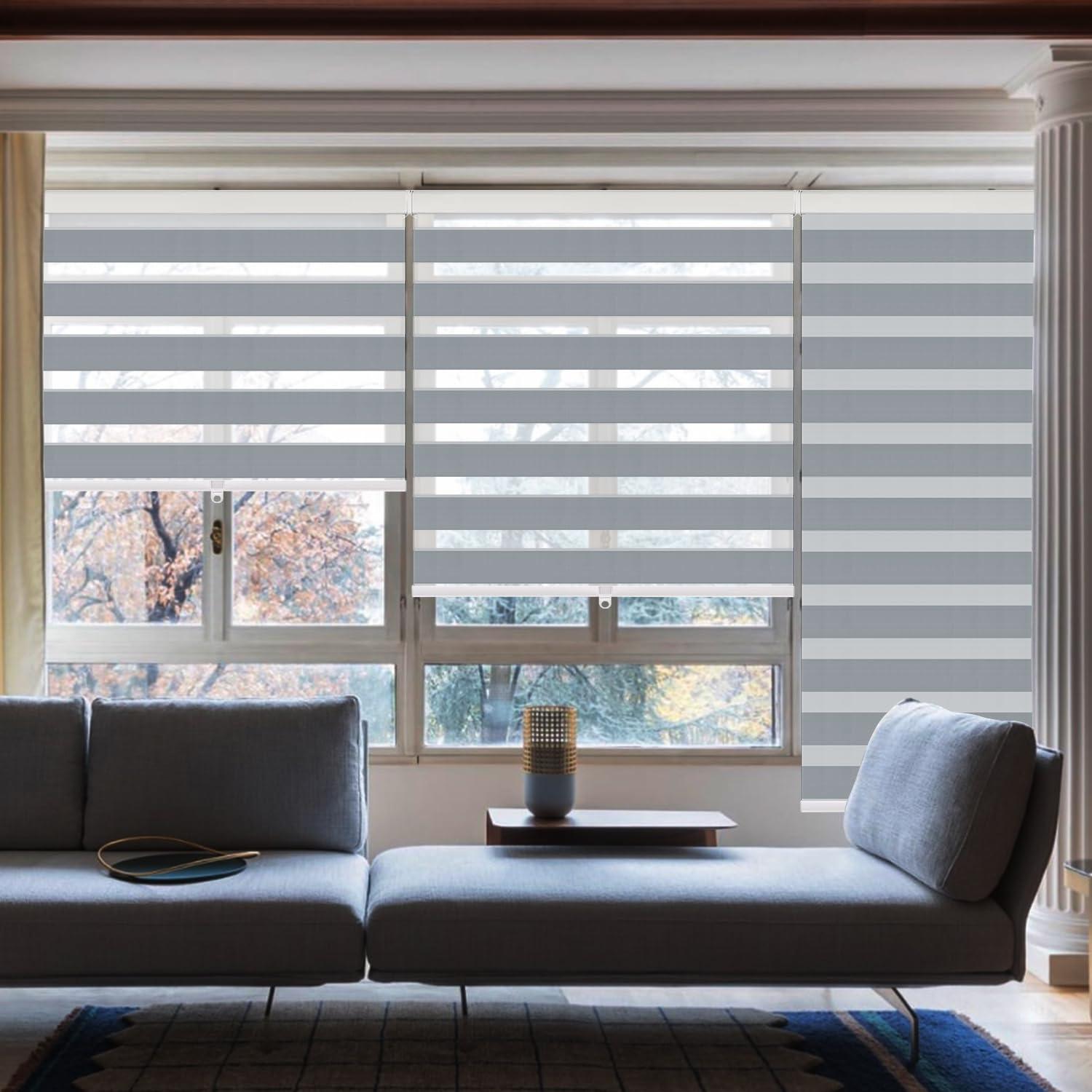 IDEKIO Zebra Blinds for Windows,Custom Size Cordless Zebra Roller Window Blinds, Dual Layer Blackout Roller Shades,Day and Night Blinds for Door,Office,Grey,15" W x [20" H to 98" H Customize]