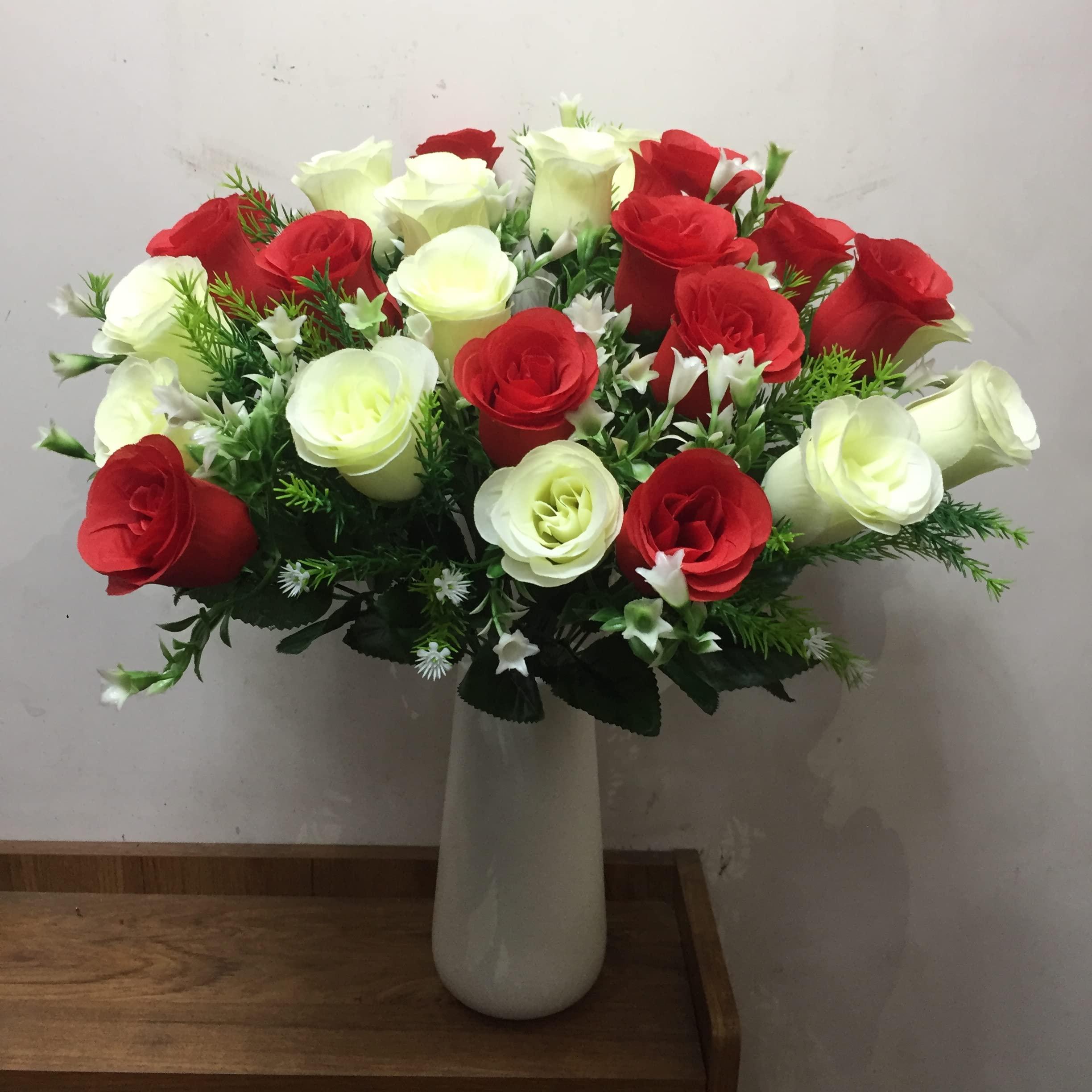 Gritech Gritech Silk Flowers Cemetery Flowers Roses Artificial Flowers for Graves & Memorials- Arrangements for Headstones- Lifelike, Florist-Arranged Bouquet (Red/White, 2)