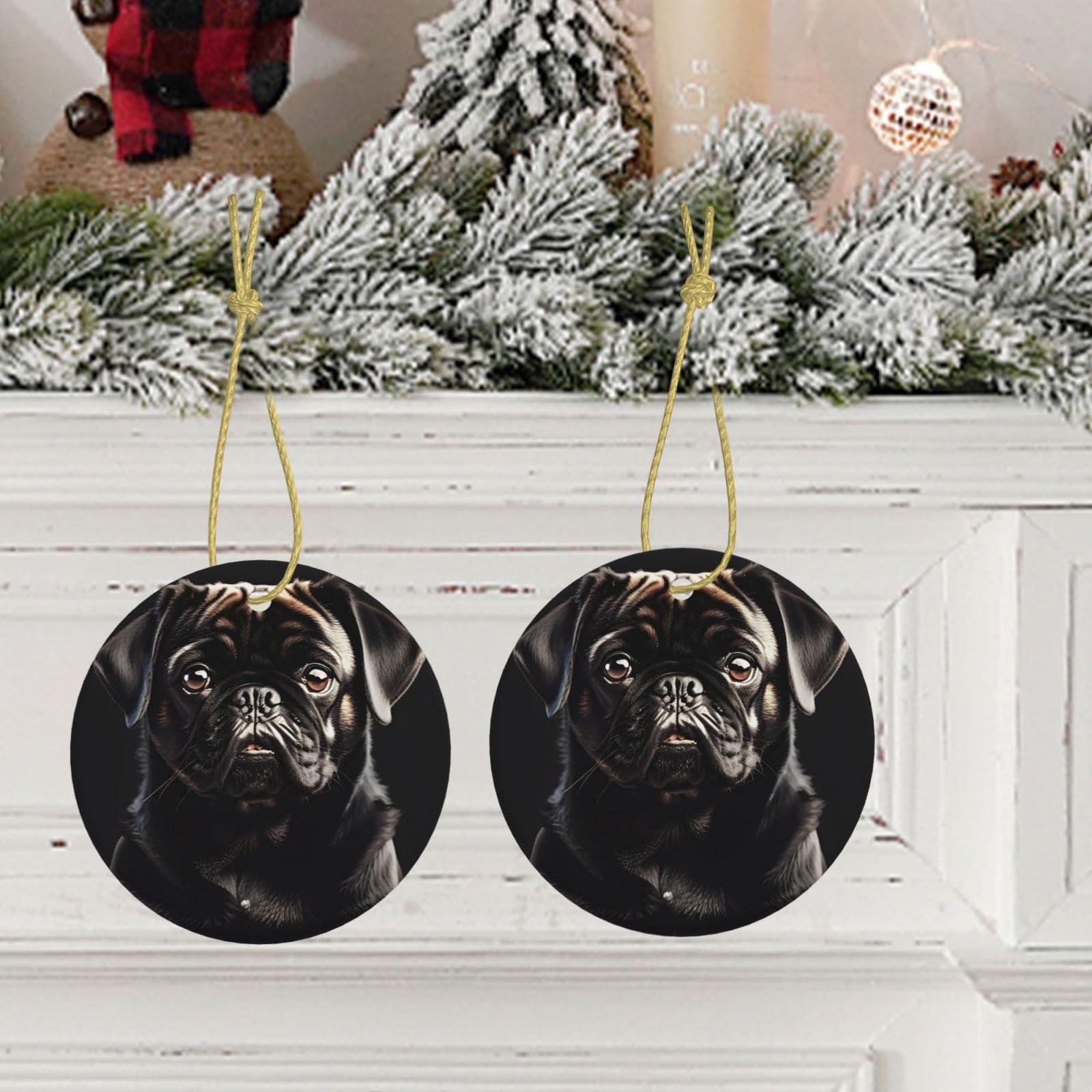IRSHI Personalized Christmas Ornaments - Ceramic Christmas Hanging Ornaments - Aesthetic Christmas Tree Pendants Cute Black Pug Dog