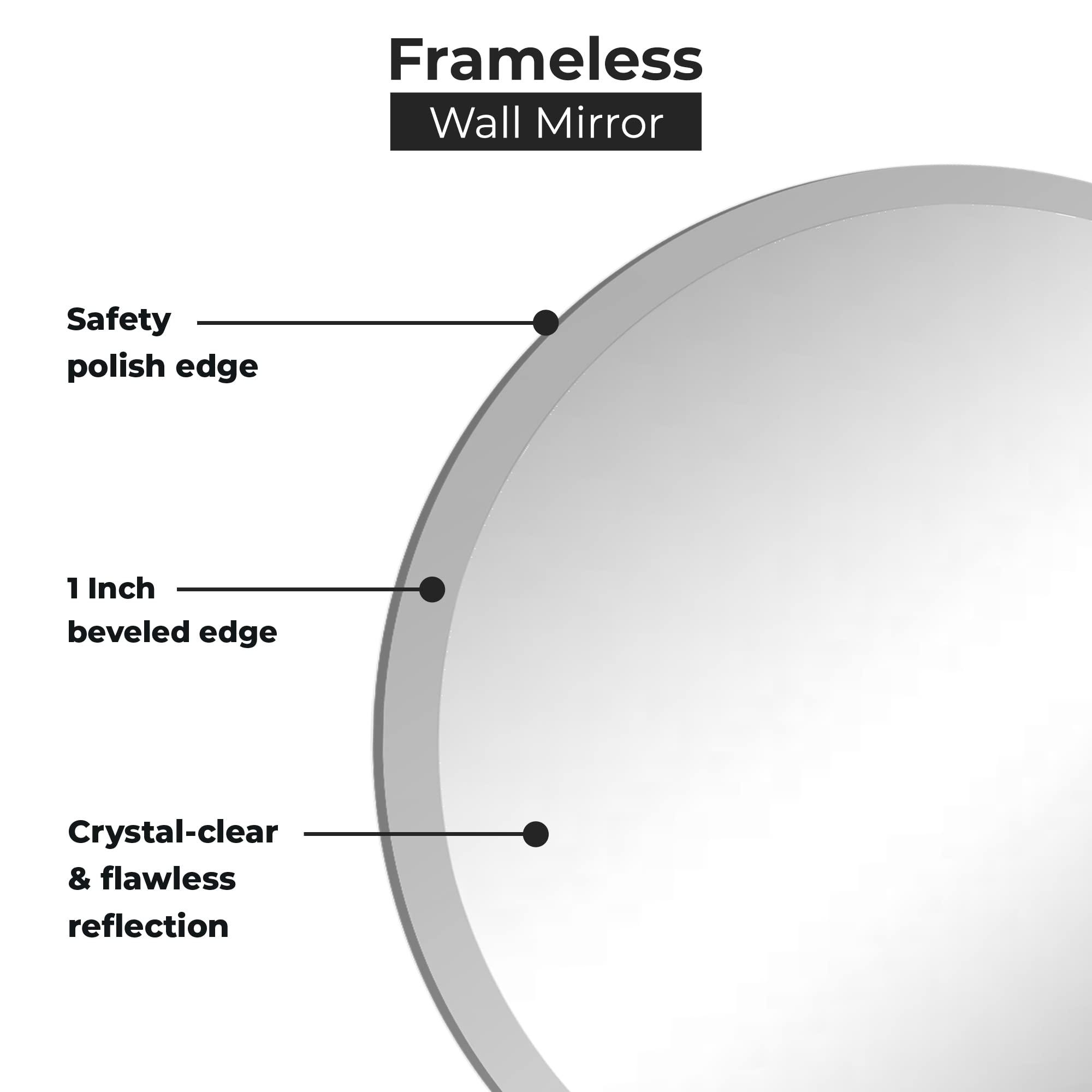 Fab Glass and Mirror Fab Glass and Mirror Frameless Round Safety Backing 1" Beveled Edge Mounted with Hooks-Wall Mirror for Bedroom, 30" x 30", White