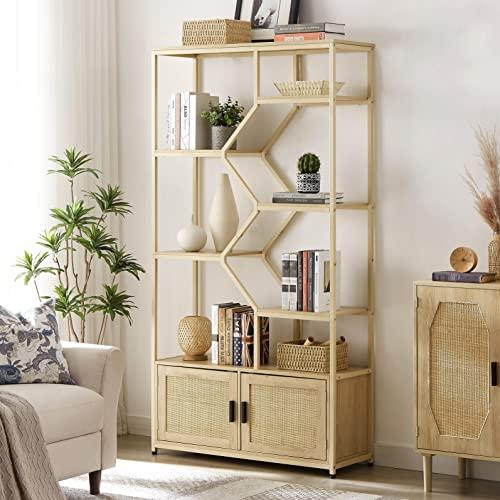 SPOFLYINN SPOFLYINN 7-Tier Bookshelf, Rattan Bookcase with 2 Doors Storage Cabinet Organizer, Free Standing Shelf Units for Living Room Home Office, 39.4''W x 13.8'' D x 75.6'' H Natural As Shown One Size