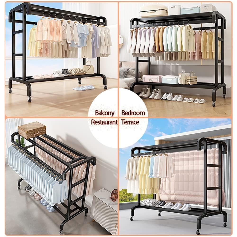 SGUM-LKSR Clothes Rack on Wheels, Double-Rail Metal Garment Rack, Multifunctional Freestanding Clothing Rack Rail with Storage Shelf for Hanging Clothes/D/100 * 50 * 150Cm (D 80*50*150Cm)