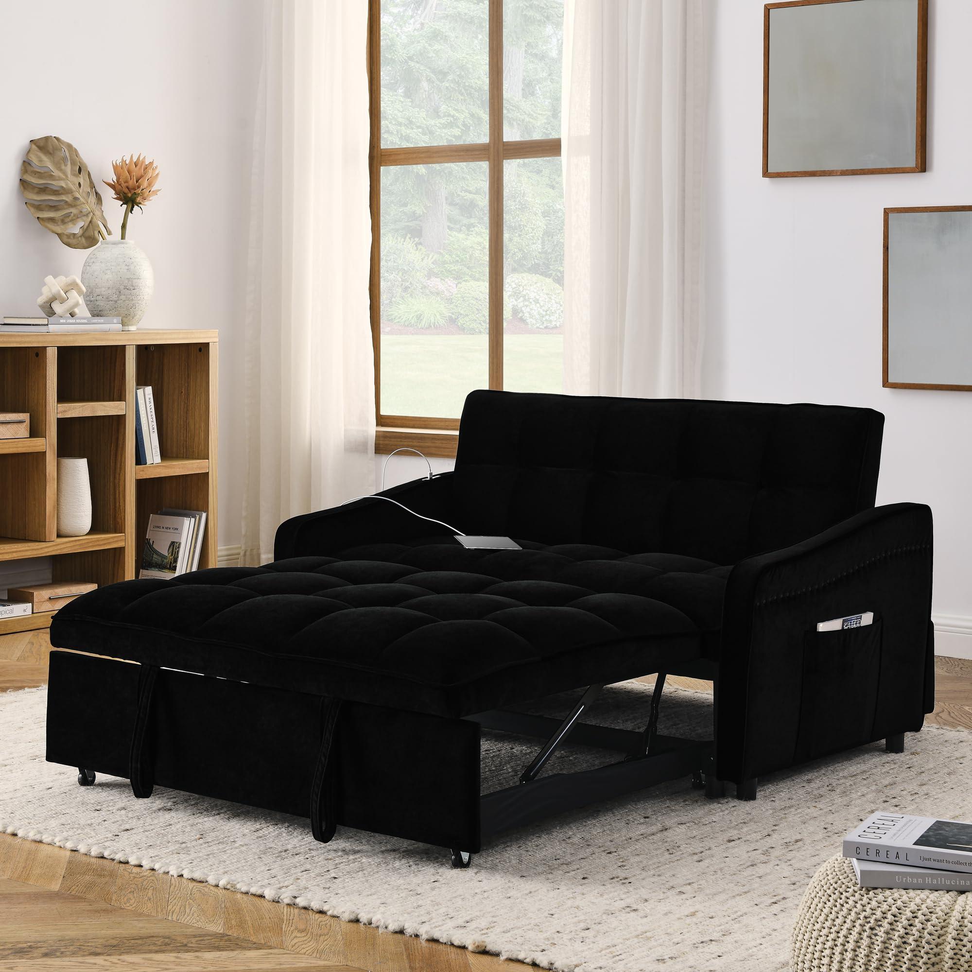 AYUYK AYUYK Loveseats Sofa Bed with Pull-Out Bed,Adjsutable Back and Two Arm Pocket,TypeC and USB Charging with Copper Nail (Black)