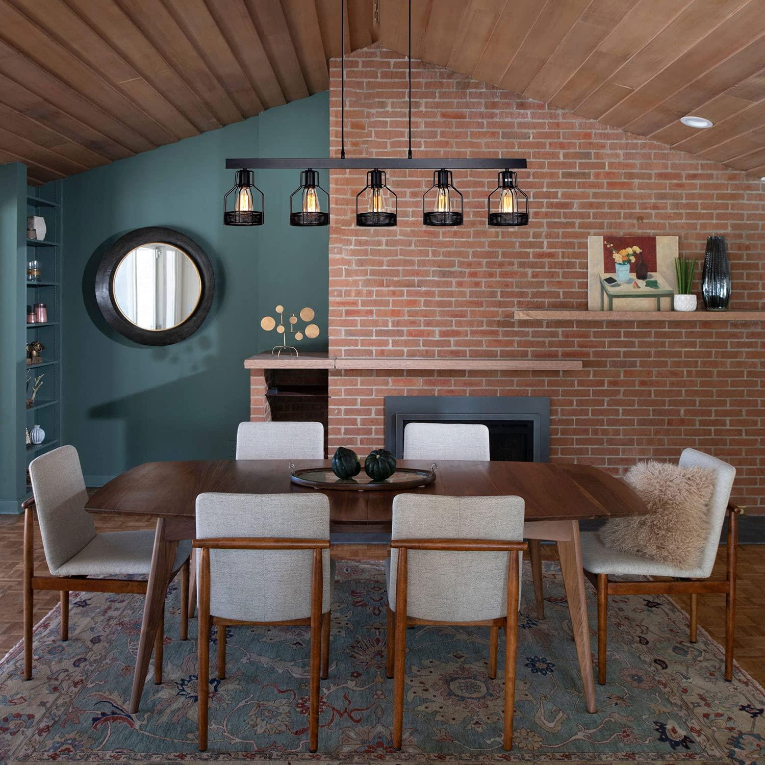 UNITARY UNITARY Farmhouse Pendant Lights Kitchen Island, Kitchen Light Fixtures, Rustic Dining Room Light Fixture with 5 E26 Bulb Sockets, Black Metal Long Pool Table Lights, Ceiling Pendant Light Fixtures