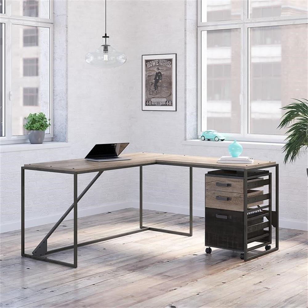 Bush Business Furniture Bush Furniture Refinery L Shaped Industrial Desk with 3 Drawer Mobile File Cabinet, 62W, Rustic Gray