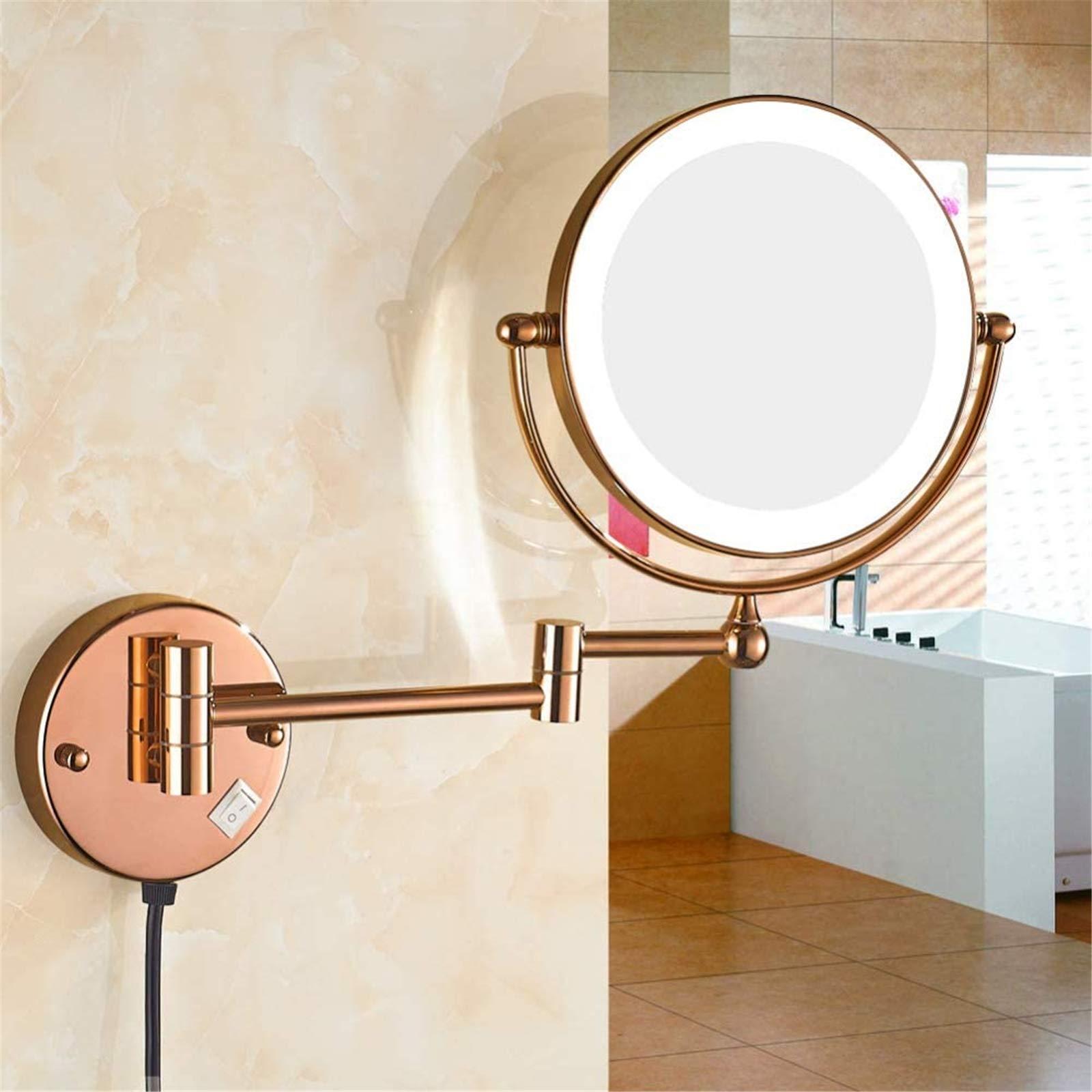 DMNSDD Double Sided Makeup Mirror with Lights and Magnification, 8 inch Brass Bathroom Wall-mounted LED Vanity Mirror, 360 Swivel Extendable Mirror,Rose gold,10X
