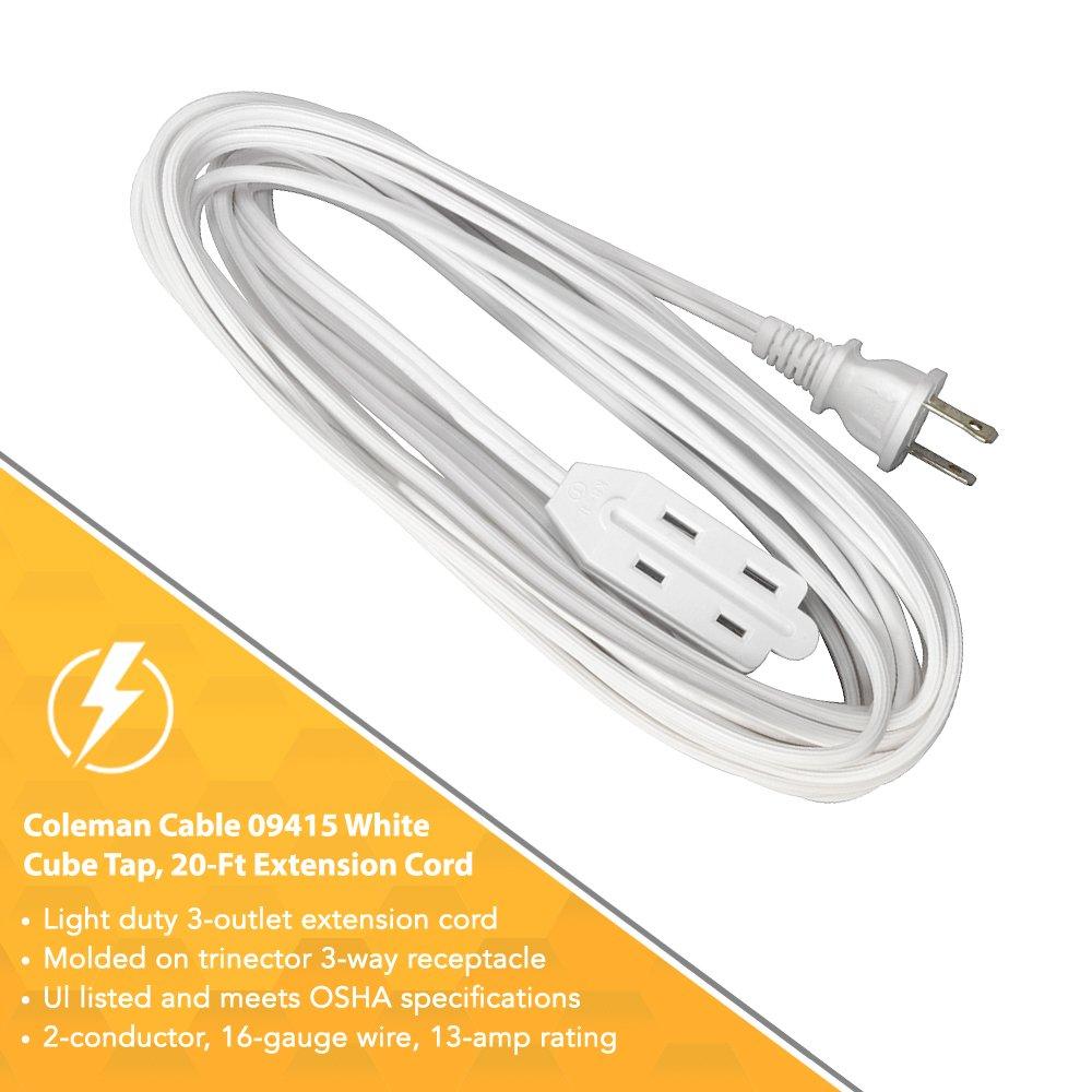 Coleman Cable Coleman Cable 94158901 Indoor Extension Cord With 2 Power Outlets ft White, 20 Foot