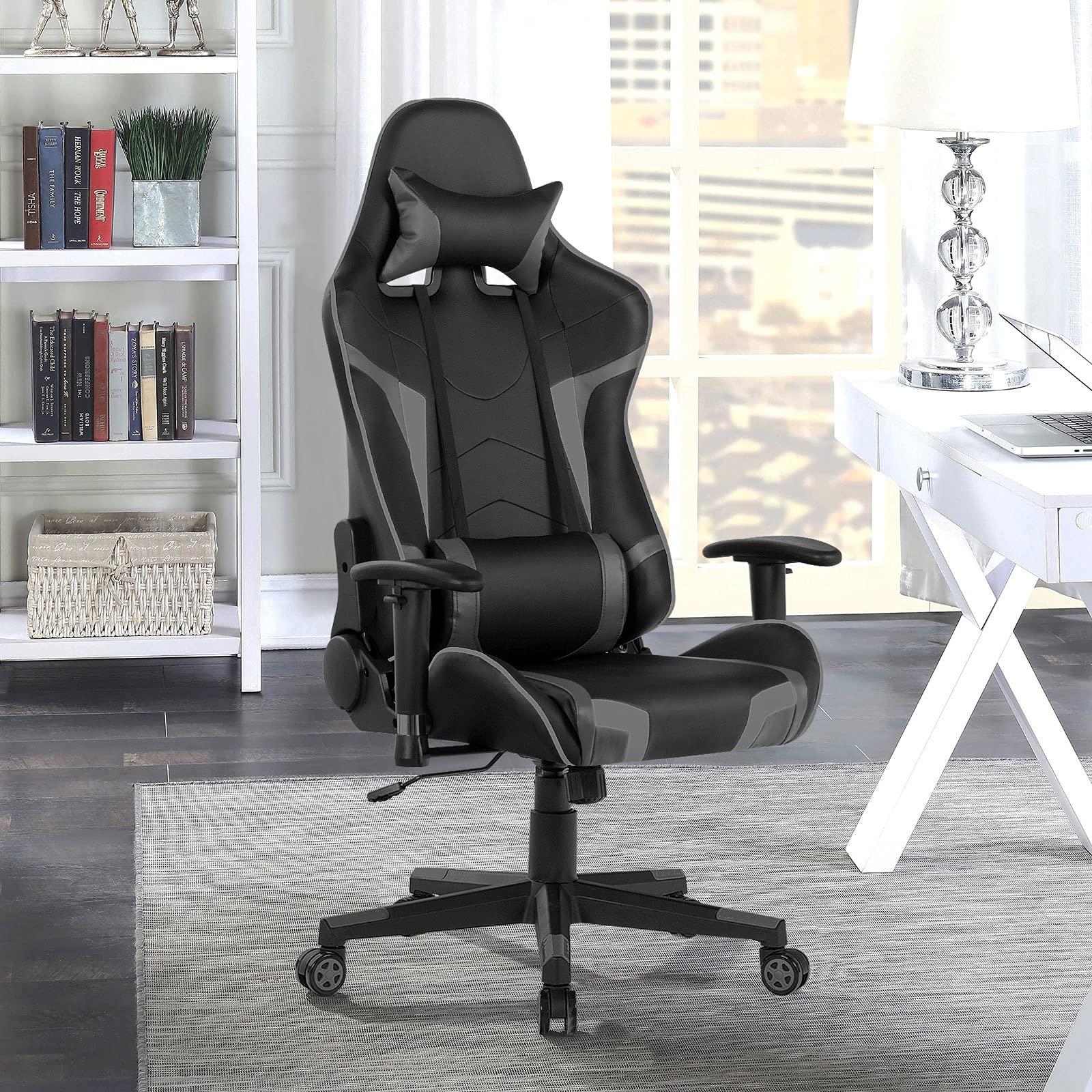 GYMAX GYMAX Gaming Chair, Massage Gaming Chairs for Adults with Headrest, Lumbar Support & Armrest, Video Computer Reclining Gaming Chair, Office Desk Gamer Task Chair (Grey)