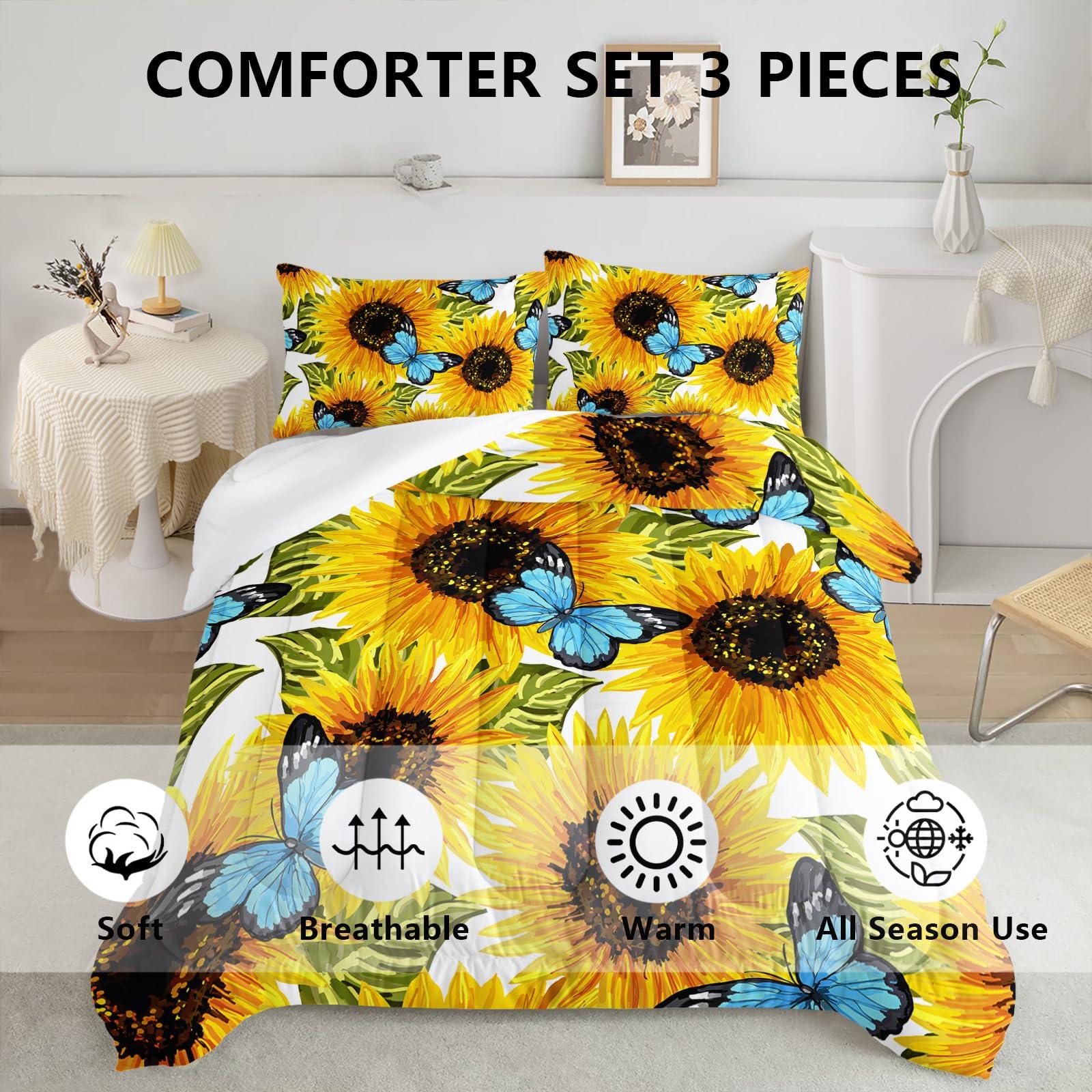 Axolotl Axolotl Sunflower Bedding Set Full,Yellow Sunflowers Comforter Set,Butterfly Bedding Blue Butterflies,Flower Bedding Set,Summer Floral Comforter Set for Girls Kids Teens Adults,1 Quilt 2 Pillowcases