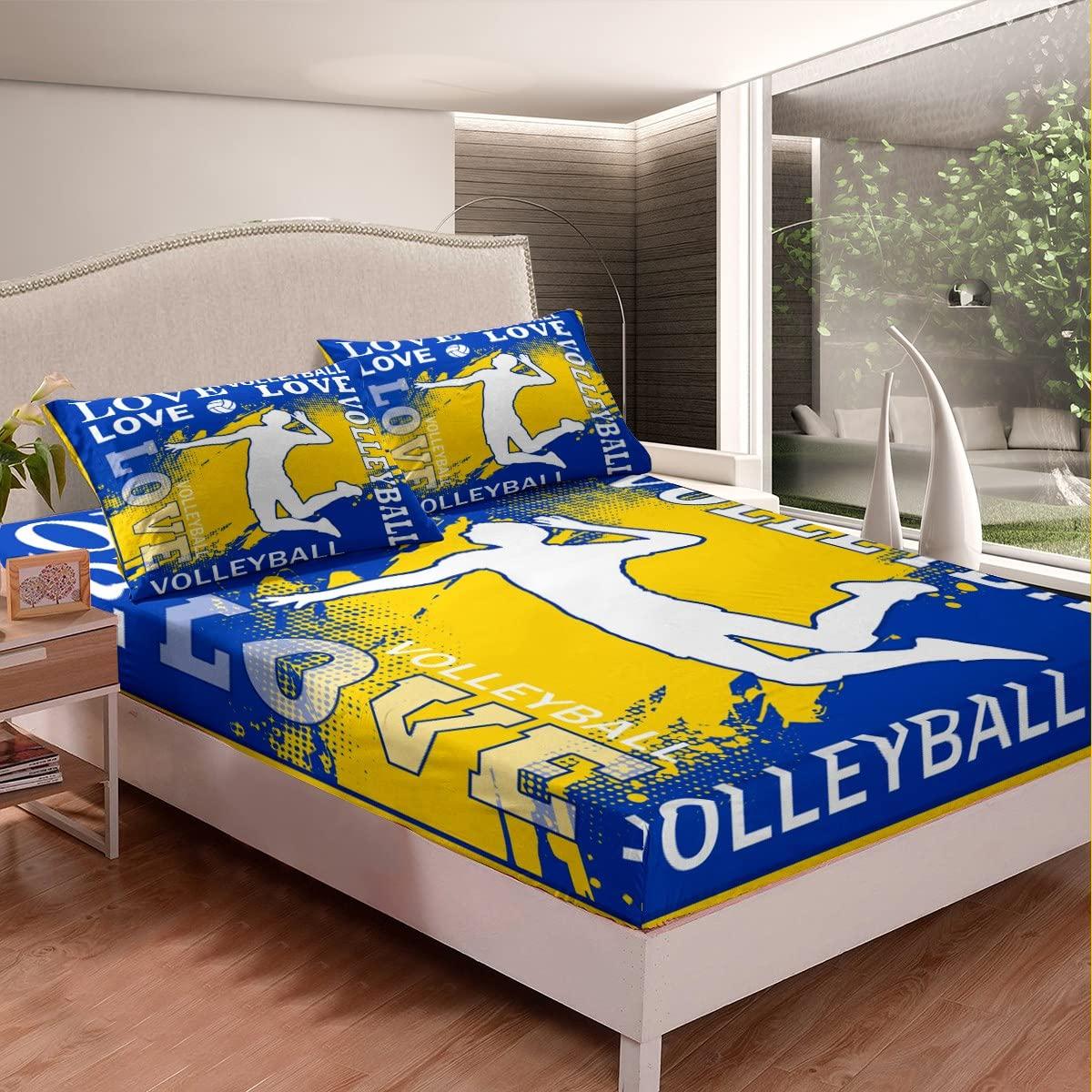 Homewish Volleyball Player Kids Sheet King Size,Sports Games Competition Lover Bedding Set,Girls Boys Adults Room Decor,Yellow Graffiti Fashion Blue Chic Bed Sheet Set 4pcs(Fitted + Flat + 2 Pillowcases)