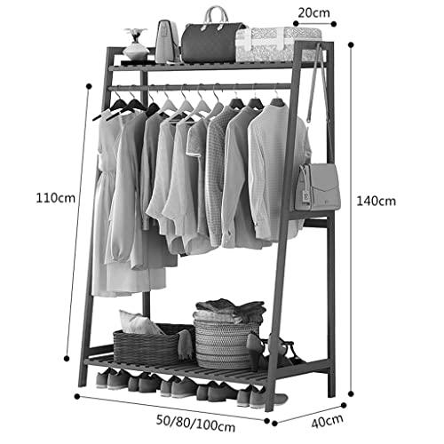 HomeLoft Basics Bamboo Clothing Rack with 2-Tier Shelves and Hanging Bar, Anti-Falling Design Garment Closet with 2 Hooks for Cloth Coat Shoe Storage Organizer Shelf (Color : Khaki, Size : 80 * 40 * 140cm)