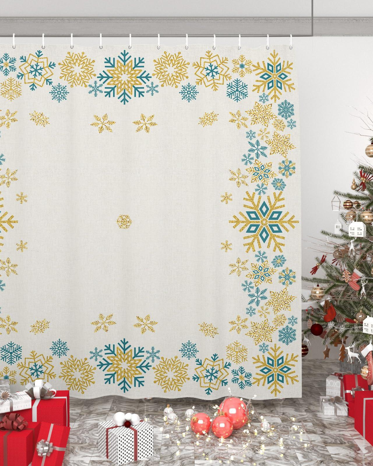 ZOE GARDEN Christmas Farmhouse Shower Curtain Set with Hook 36\"x72\",Washable Cloth Polyester Fabric Shower+Curtain,Waterproof Bath Curtains for Bathroom,Bathtubs Accessories Winter Xmas Snowflakes Turquoise Gold