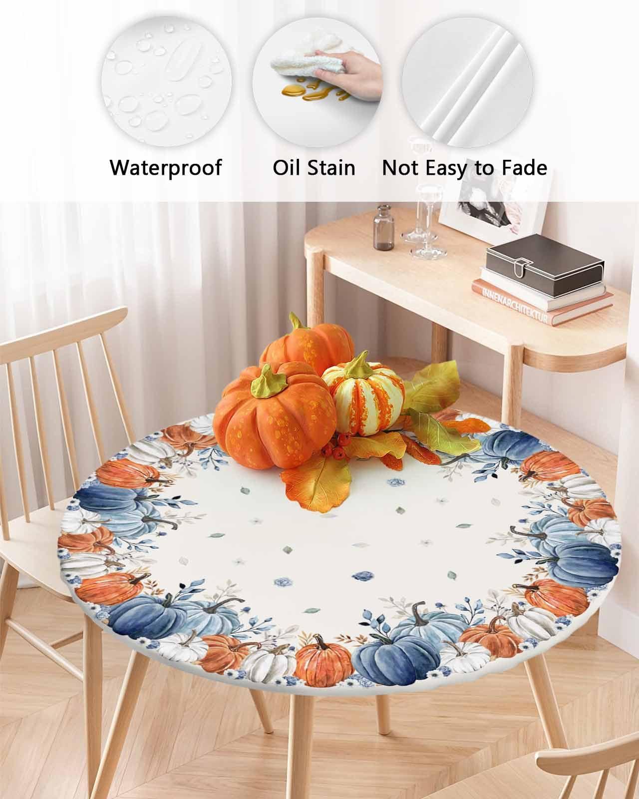Chucoco Thanksgiving Round Table Cover with Elastic Edge,Fall Pumpkin Fitted Tablecloth for Round Tables,Autumn Farm Harvest Oil Proof Waterproof Table Cloth for Kitchen Party Holiday Outdoor Picnic 55-60in