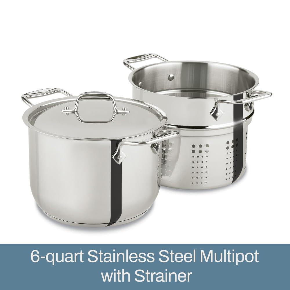 All-Clad All-Clad Specialty Stainless Steel Stockpot, Multi-Pot with Strainer 3 Piece, 6 Quart Induction Oven Broiler Safe 500F Strainer, Pasta Strainer with Handle, Pots and Pans Silver