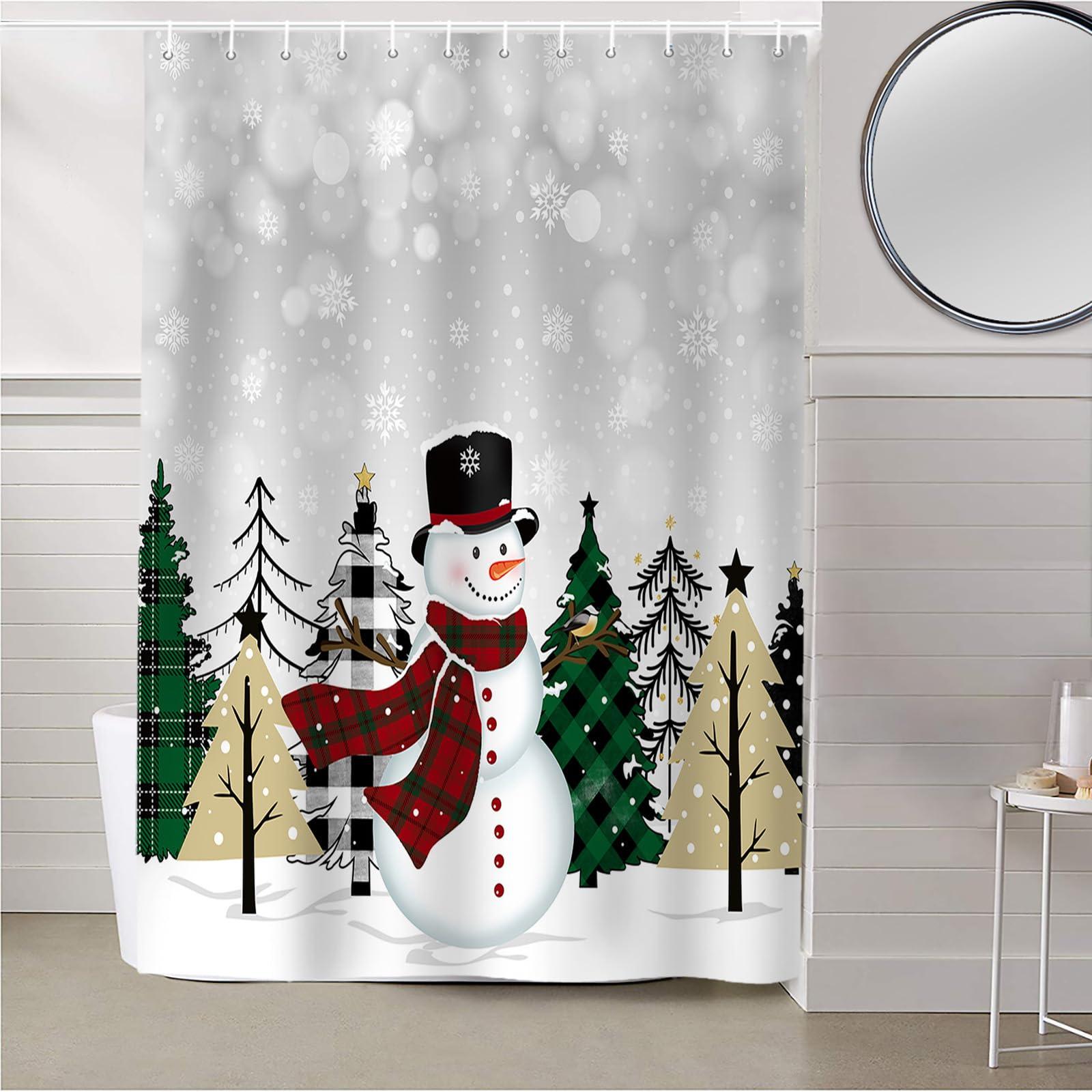 EZON-CH Chriatmas Shower Curtains for Bathroom, Snowman Xmas Tree Snowflakes Grey Shower Curtain Set Shower Curtain Set Waterproof Fabric Bath Curtain with Hooks for Home Hotel Apartment Farmhouse 48x72 inch