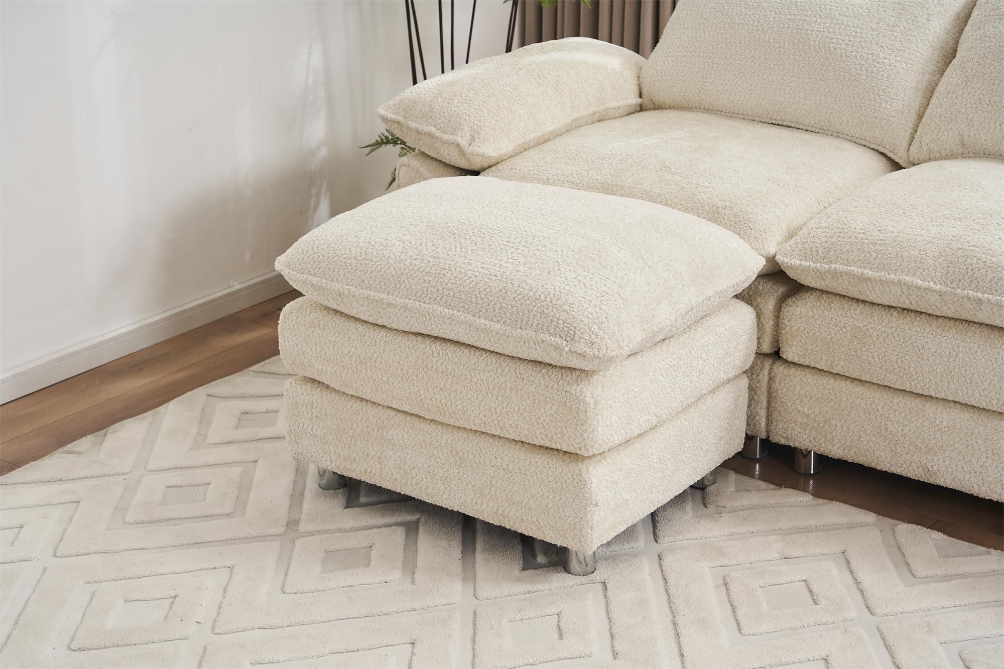 GERRIT 101.6" Oversized Sectional Sofa Cloud Couch, Modern Chenille Fabric Double-Upholstered Comfy Sleeper Sofa, L Shaped Boucle Couch with Moveable Ottoman for Living Room, Apartment, Office (Beige)