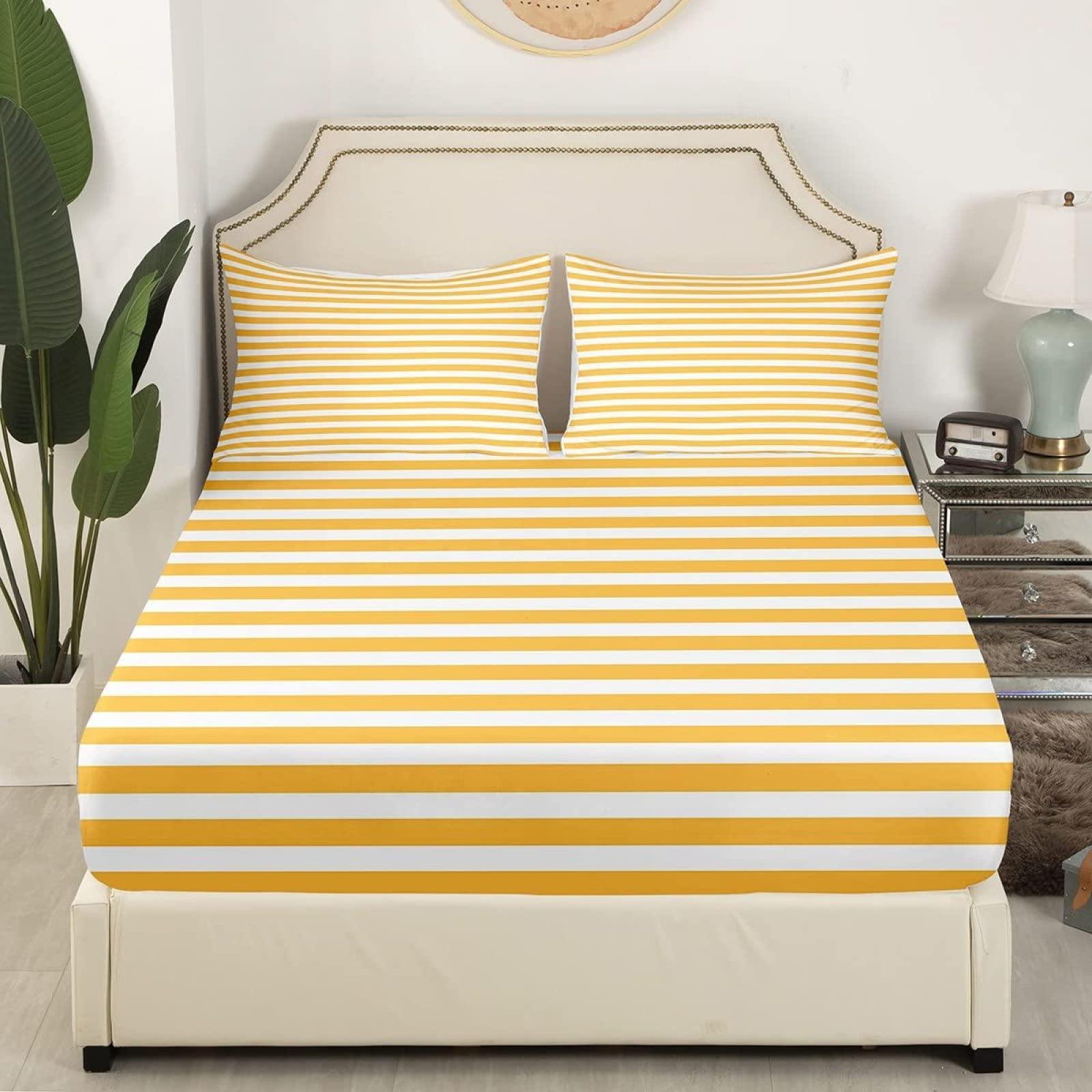 zcsm zcsm Yellow and White Striped Sheets King Size - Stripe Bed Sheets, Soft Microfiber & Deep Pocket & Wrinkle Free Patterned Bedding Sheets & Pillowcases, 1 Fitted Sheet, 1 Flat Sheet, 2 Pillow Cases