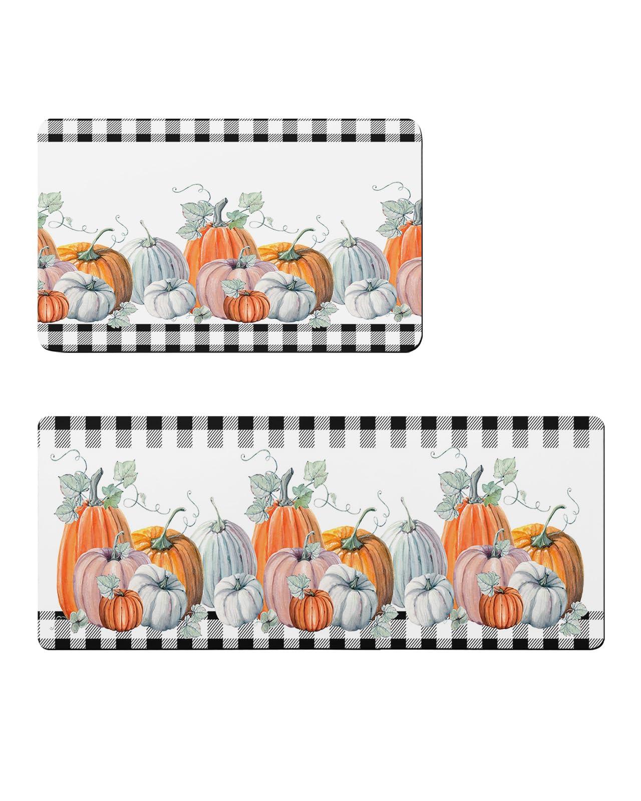 Jolunifun Thanksgiving Pumpkin Bath Mat for Tub,Non Slip Bathroom Floor Runner Rug Quick Dry & Absorbent Diatomaceous Earth Shower Sink Kitchen Washable Doormat,Fall Eucalyptus Buffalo Plaid Check 16x24+16x47
