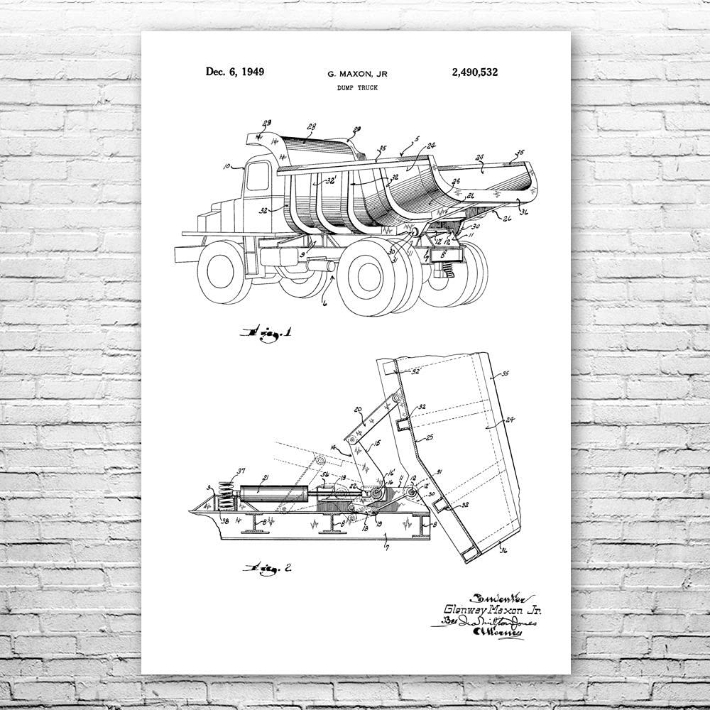 Patent Earth Dump Truck Poster Print, Industrial Art, Construction Decor, Contractor Gifts, Construction Worker, Garbageman Gift Black & White (24 inch x 36 inch)