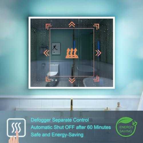 WELLFOR WELLFOR 30\" X 30\" Medicine Cabinet with Lights, 3X Magnification, Anti-Fog Mirrored Cabinet, Bathroom Vanity Medicine Cabinet with Outlets & USB Ports, Double Doors