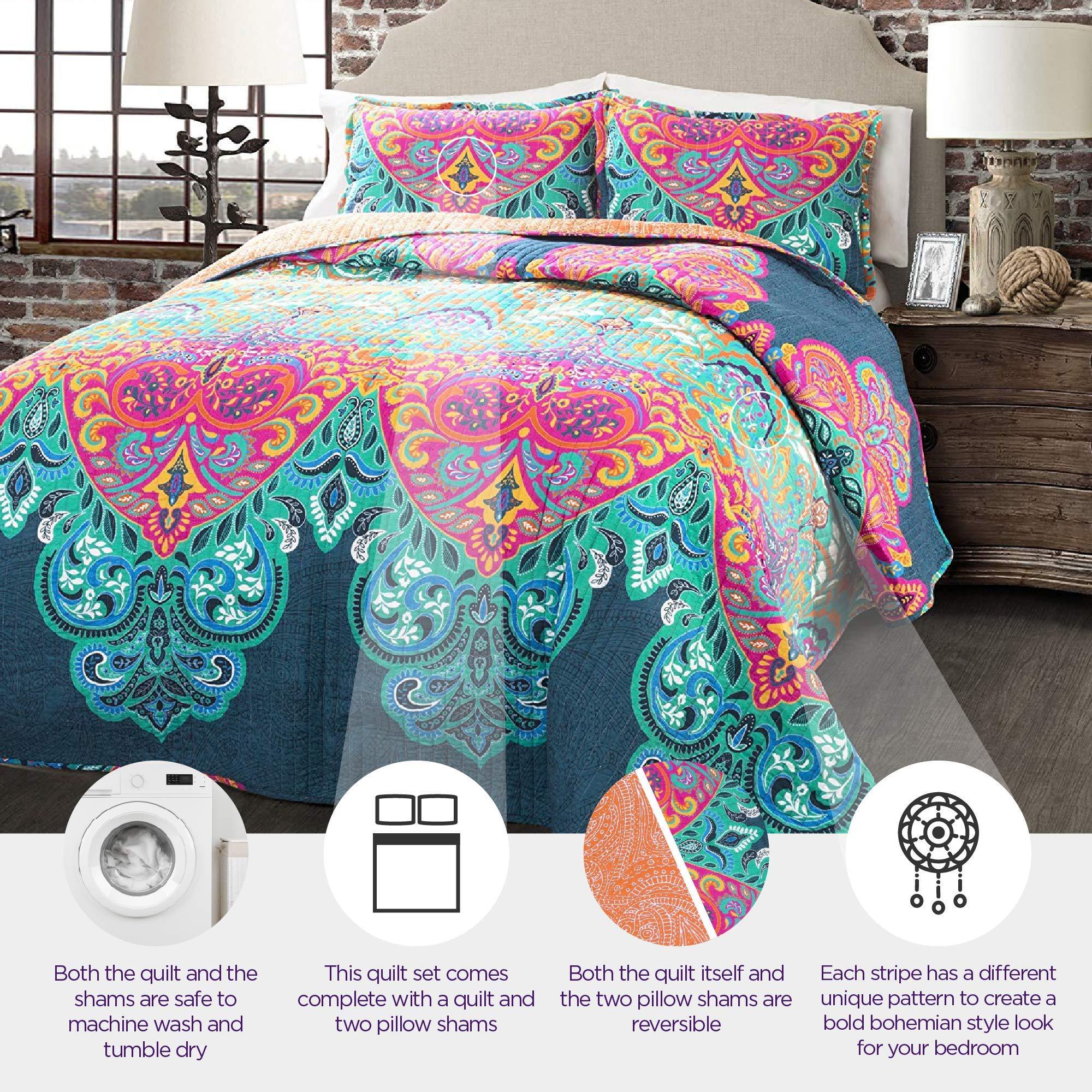 Lush Decor Lush Decor Boho Chic Reversible Cotton Quilt 3-Piece Set, King, Turquoise & Navy - Bright Paisley Print, Vibrant & Colorful Bohemian Bedding Set